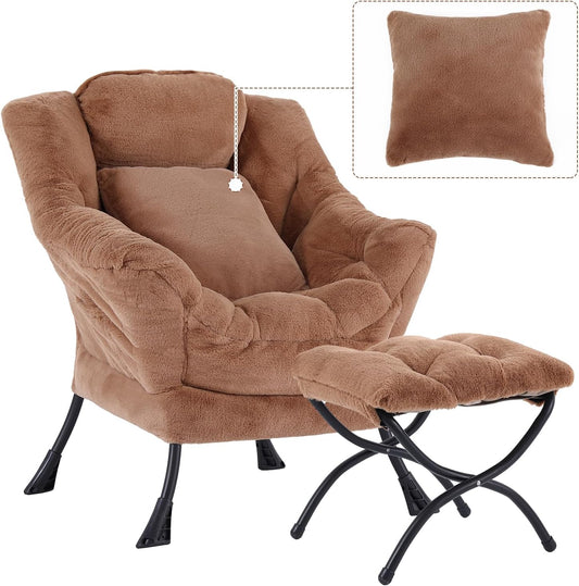 Lazy Chair with Ottoman, Comfy Reading Lounge Chair with Footstool & Throw Pillow Modern with Armrests & Side Pocket for Living Room, Bedroom, Dorm Room, Plush Brown