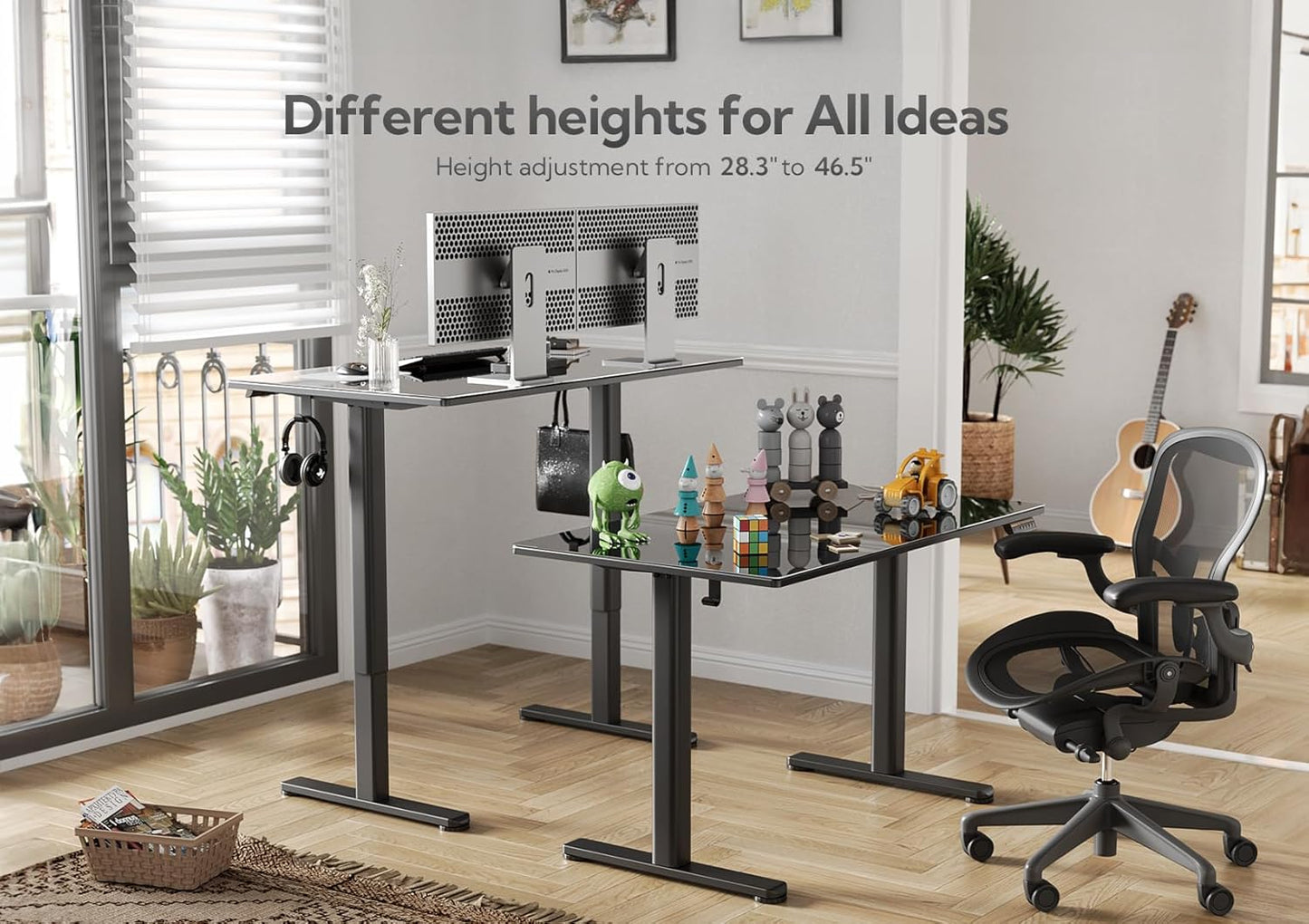 Claiks Glass Standing Desk, 48x24 Inch Electric Standing Desk Adjustable Height Quick Install Home Office Computer Desk, Black