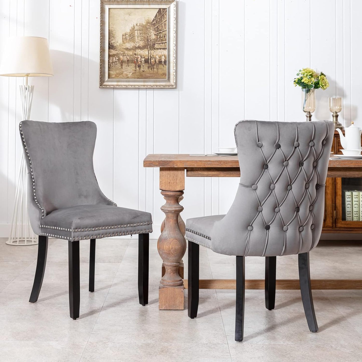 PacknWood Acosure Set of 2 Velvet Upholstered Wing-Back Dining Chair with Backstitching Nailhead Trim,Exquisite Furniture Stool W/Wood Legs,for Kitchen,Sitting Room,Gray