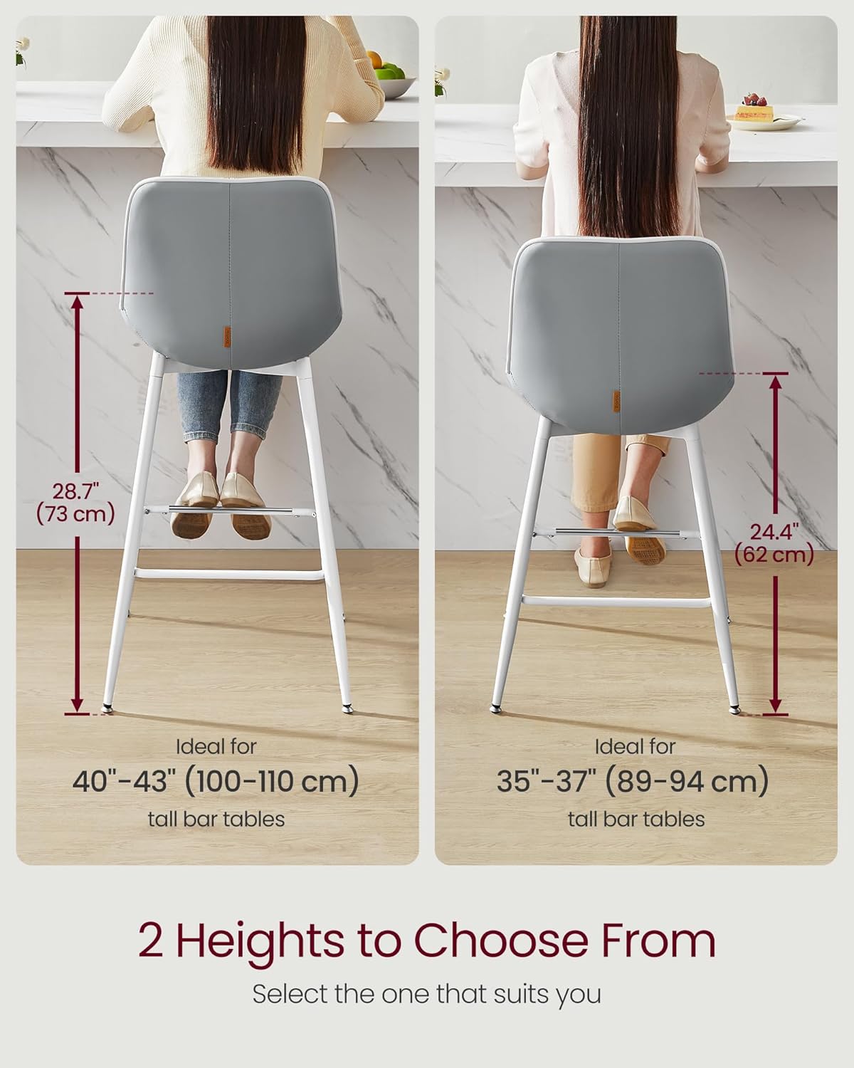 VASAGLE Bar Stools Set of 2, Counter Height Bar Stools with Back, Ergonomic Backrest, Synthetic Leather, Metal Legs, 24.4-Inch Tall Barstools for Kitchen Island Home Bar, Easy Assembly, Dove Gray