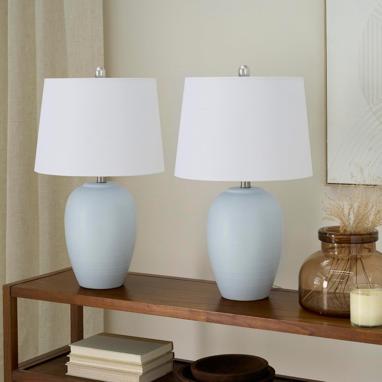 Nourison 23" Coastal Blue Ceramic Pot Table Lamp for Bedroom, Living Room, Dining Room, Entryway, with White Shade, Set of 2 Lamps