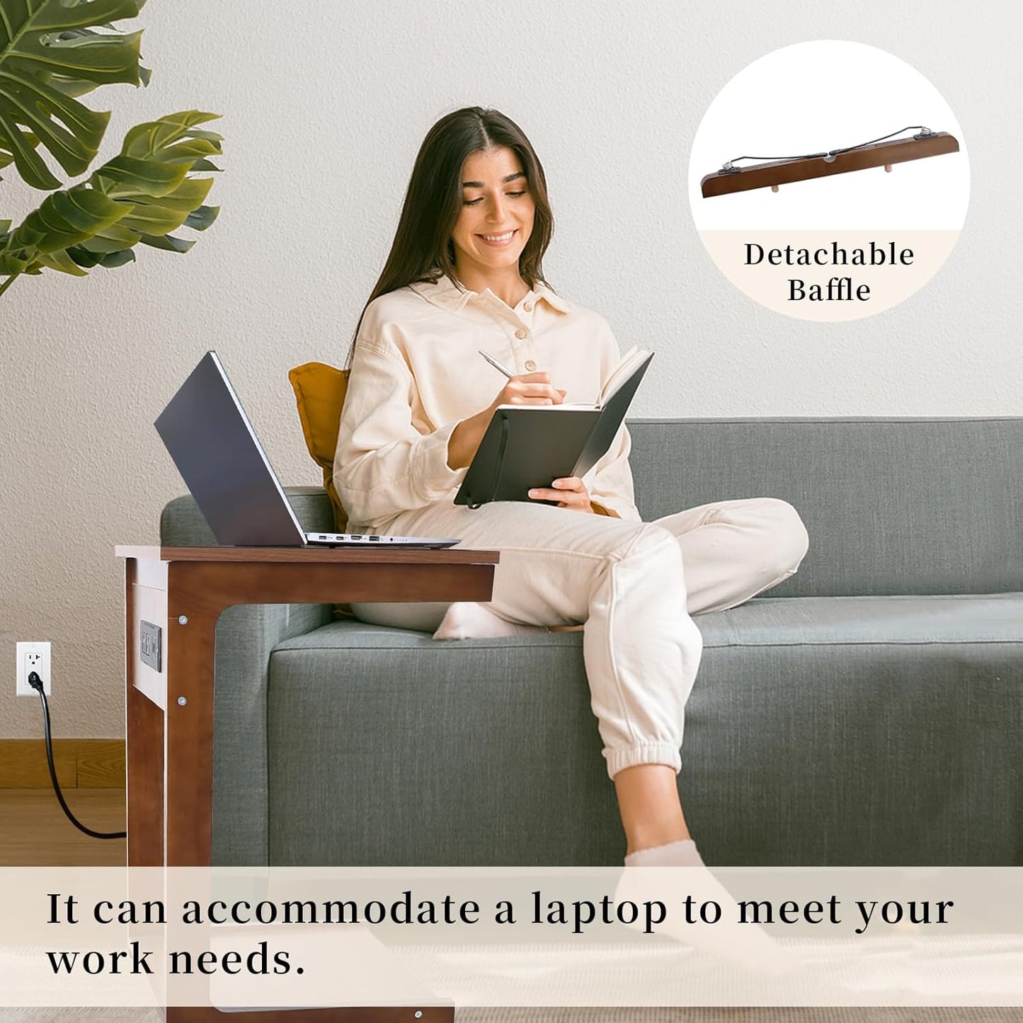 C Shaped End Table with Charging Station, Small Side Table for Couch, C Table with Wheels and Adjustable Desktop, Wooden Couch Table for Living Room, Bedroom (Brown)