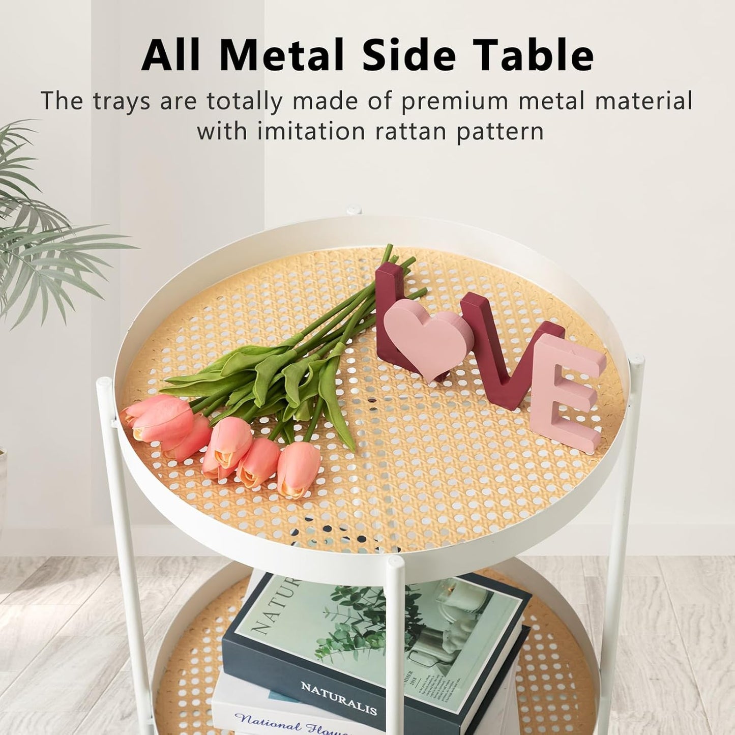 danpinera All Metal Side Table, 2 Tier Anti Rust Small Table with Imitation Rattan Pattern on Removable Trays for Living Room, White Round Nightstand for Bedroom, 20.47 Inch x 16.54 Inch Pearl White