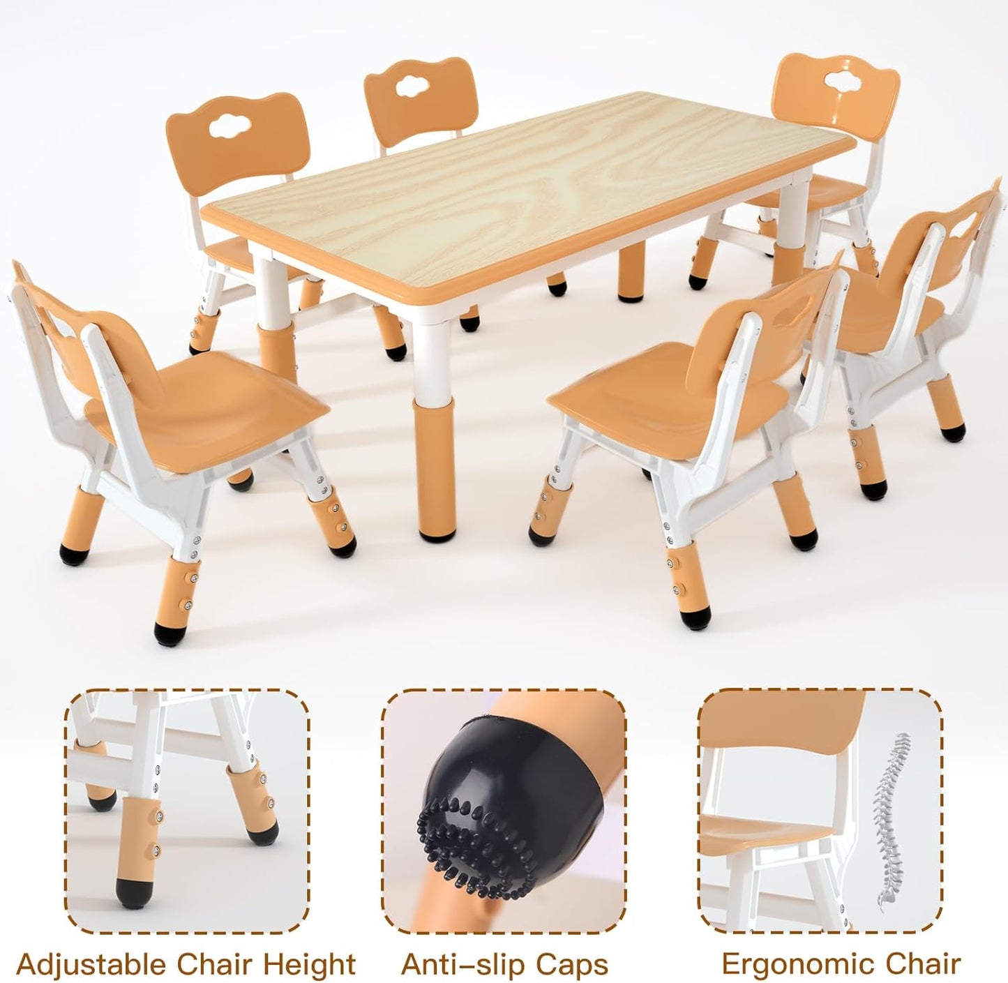 Kids Table and 6 Chairs Set，Height Adjustable Children Table & Chair，Toddlers Study Multi-Activity Table with 47.2"x23.6" Wipe-Clean Desktop，for Classrooms, Homes & Daycares
