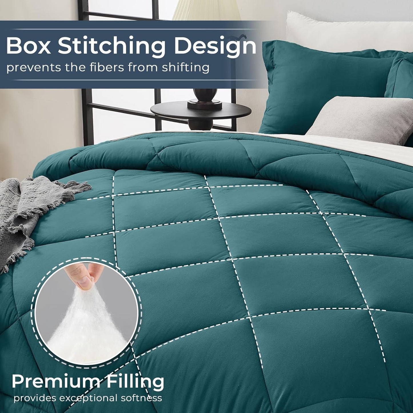 HEVUMYI Queen Comforter Set - 7-Piece All Season Bed in a Bag Queen, Ultra Soft Bedding Set with Comforter, Flat Sheet, Fitted Sheet, Pillowcases, Pillow Shams, Peacock Blue & Ivory