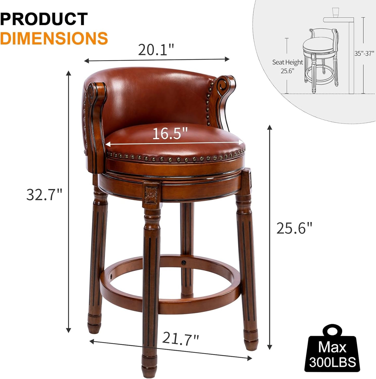 CozyRain Bar Stools Rubber Wood Counter Height Bar Stool Leather Upholstered Swivel Barstools with Back & Footrest for Home,Kitchen,Counter,Dining Room (Brown, Seat Height 26 in)