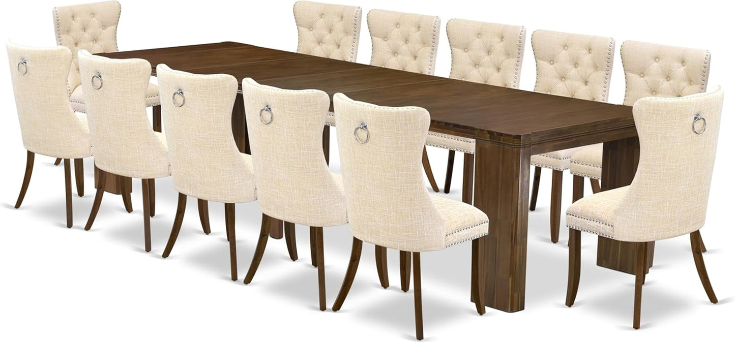 X12DA-008-32 - 13 Pieces Dining Room Set contains an Extendable Rectangle Kitchen Table and 12 Polyester Fabric Dining Chairs, 39x120 Inch, Antique Walnut
