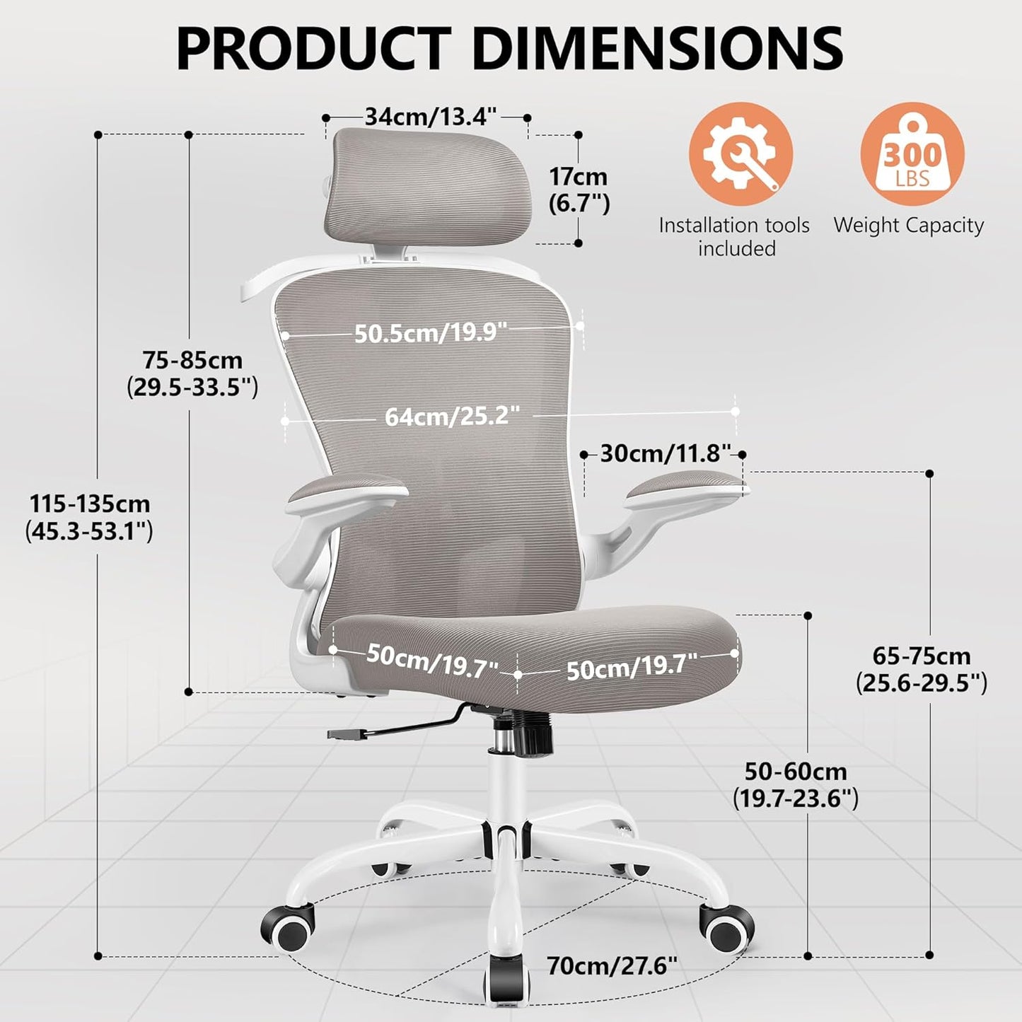 FelixKing Office Chair with Headrest, Ergonomic Desk Chair with Wheels, Task Swivel Comfy Chair with Adjustable Lumbar Support, Breathable Mesh Computer Chair with flip-up Armrests for Home (Gray)