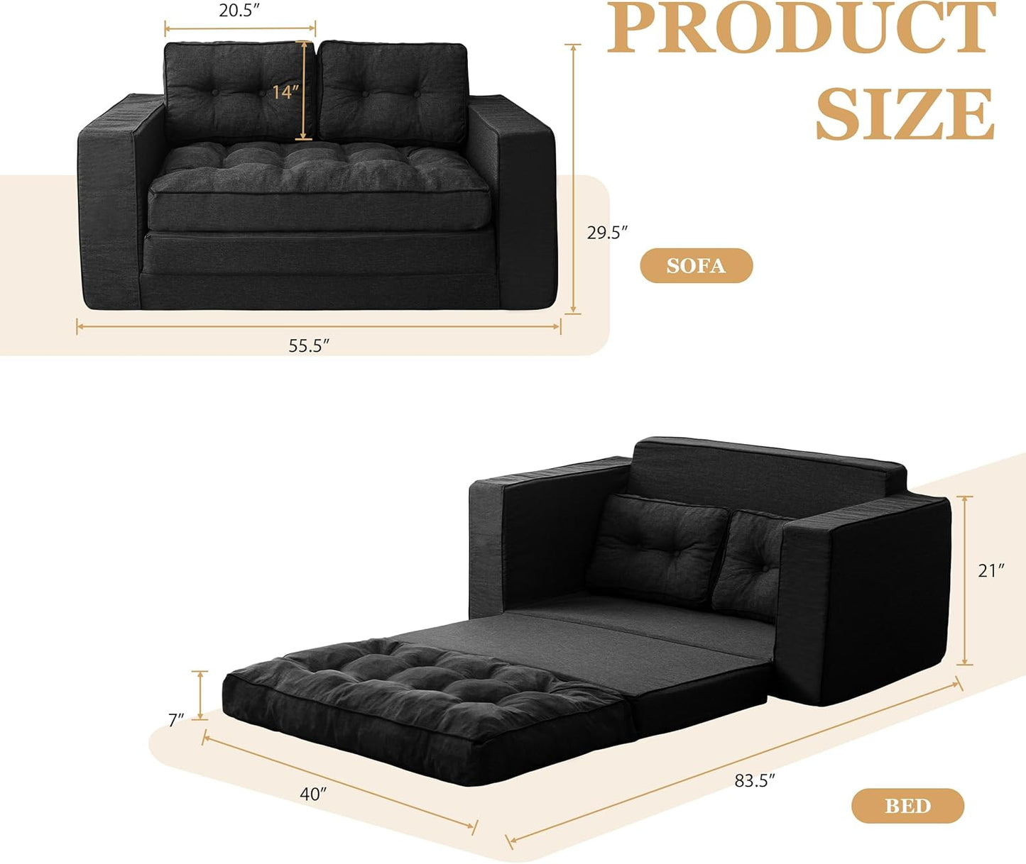 YOSHOOT Loveseat Sleeper Sofa,55" Convertible Sofa Bed Couch Futon Couches for Living Room,3-in-1 Pull Out Floor Couch with Backrest and Pillows, Black