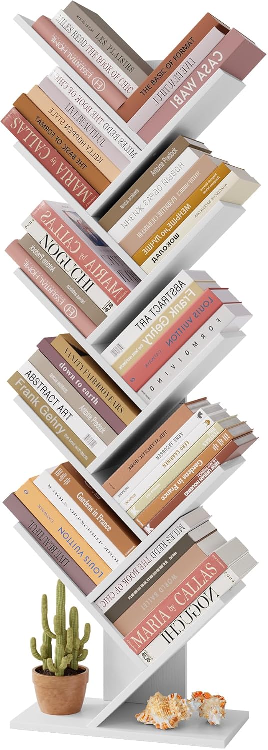 Hoctieon 10 Tier Tree Bookshelf, 10 Shelf Bookcase, Free Standing Tree Bookcase, Display Floor Standing Shelf for Books, Book Organizer Shelves for Home Office, Living Room, Bedroom, White