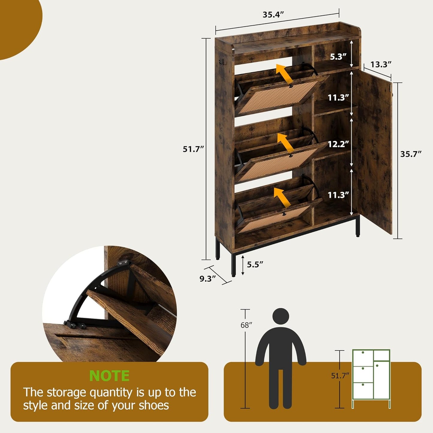 GarveeHome Shoe Cabinet Rattan with 3 Flip Drawers and 4-Tier Shoe Storage Cabinet, Freestanding Shoe Organizer with Adjustable Shelves for Entryway, Closet, Hallway (Brown)