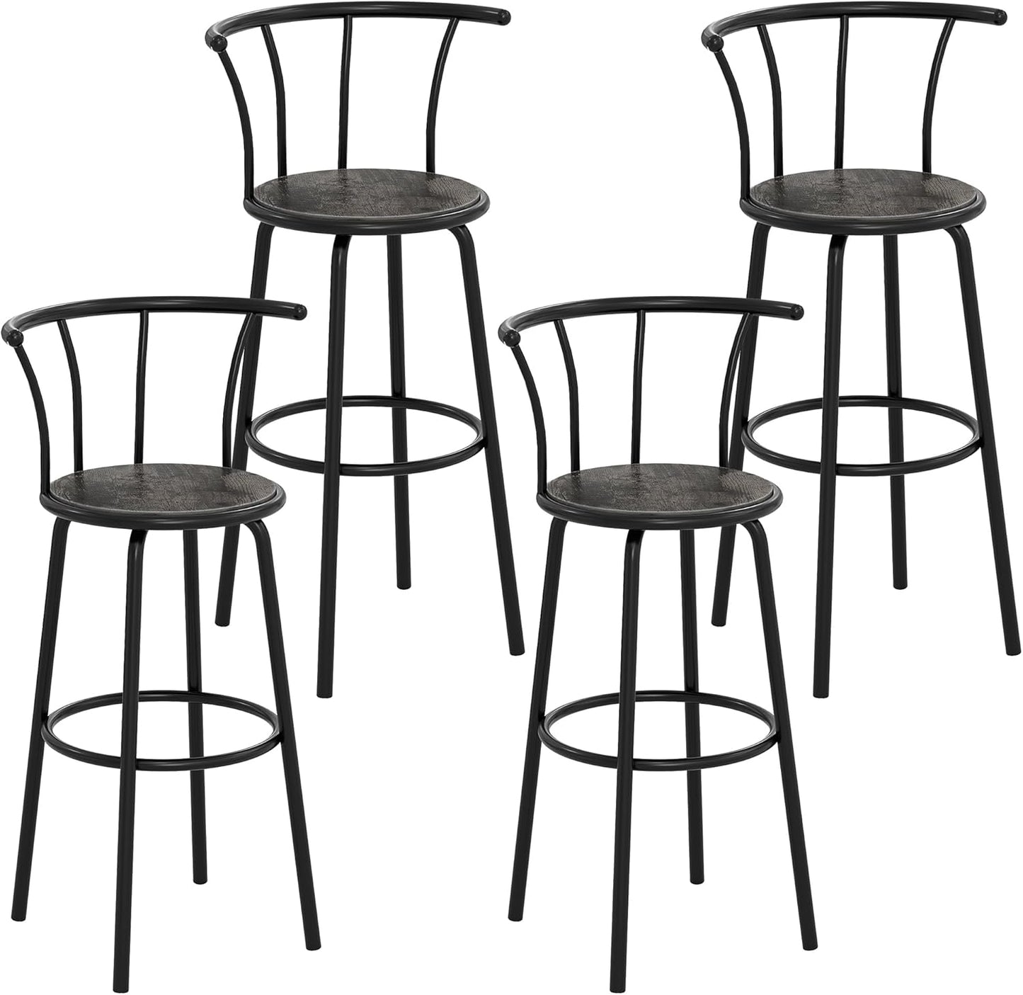 VECELO Bar Stools Set of 4, Swivel Counter Barstools with Backrest, Bar Height Chairs for Dining Room, Kitchen Island, Pub, Easy Assembly, Grey