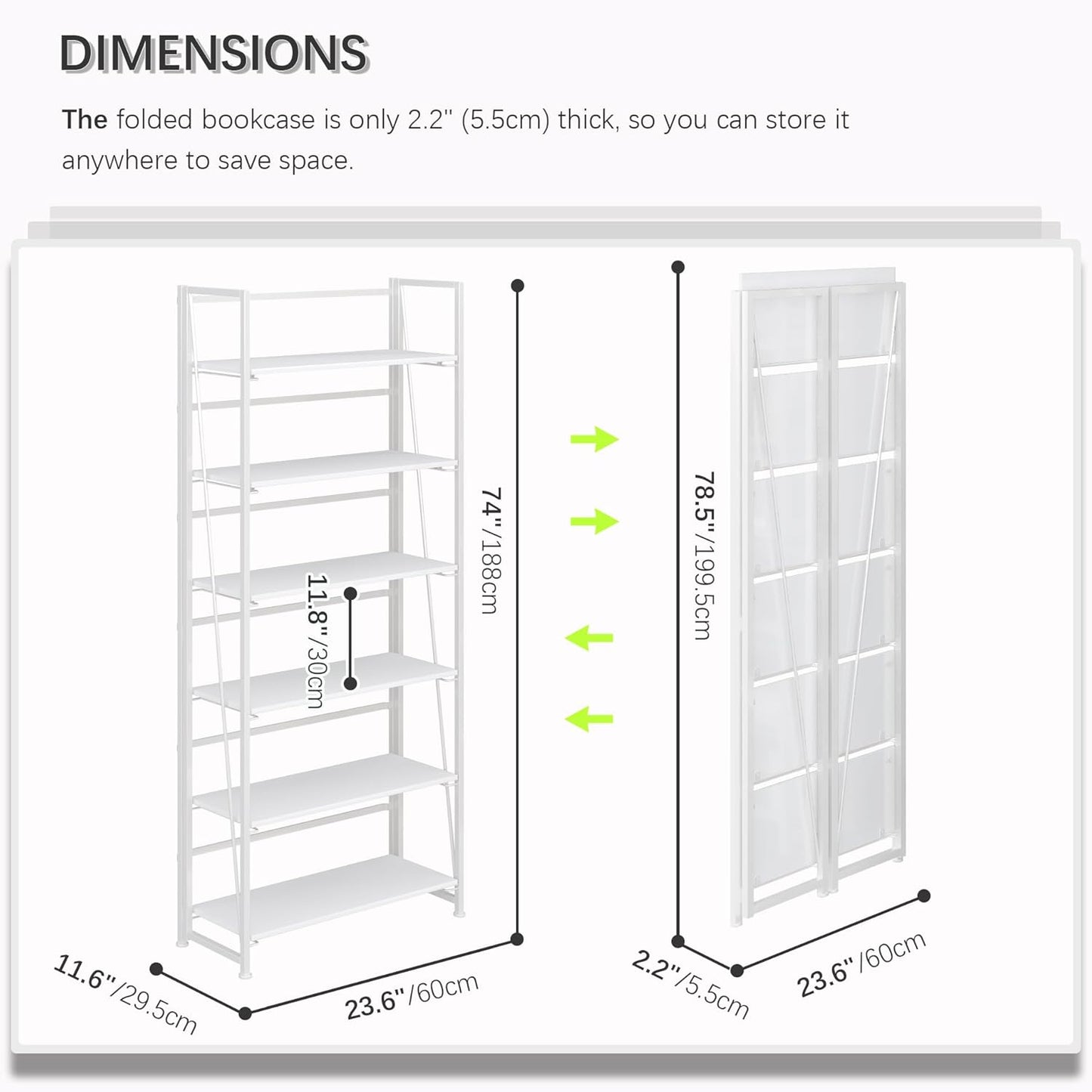 4NM No Assembly Folding Bookshelf, 6-Shelf 74" H Collapsible Foldable Bookcase Storage for Small Spaces, All White