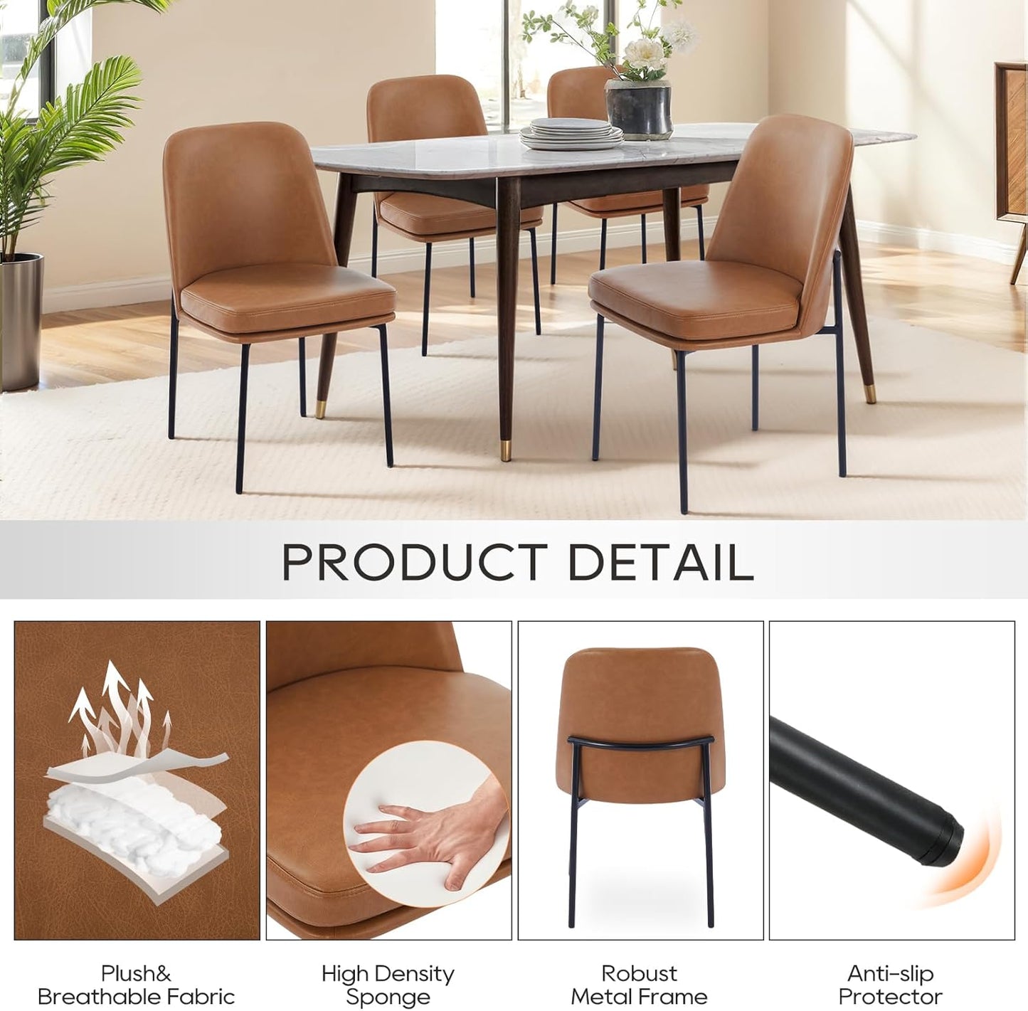 COLAMY Modern Dining Chairs Set of 4, Faux Leather Upholstered Kitchen Chairs with Curved Back & Metal Legs, Mid-Century Dining Room Chair (Brown)