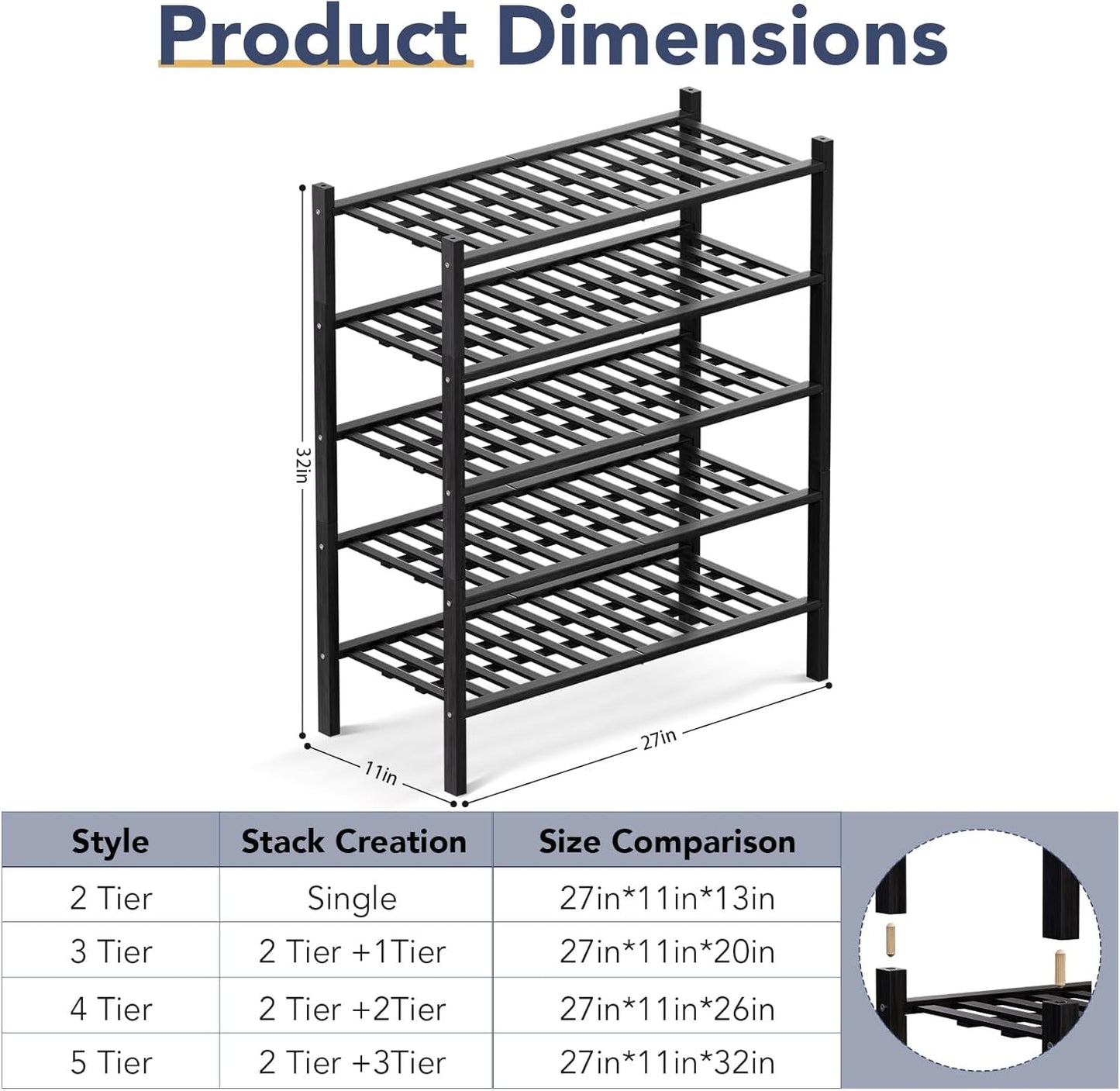 Haddockway 5 Tier Bamboo Shoe Rack Storage Organizer, Multifunctional Free Standing Stackable Shoe Shelf with Grid Panel for Closet,Hallway,Entryway,Small Space 27"x11"x32"(Black, 5 Tier)