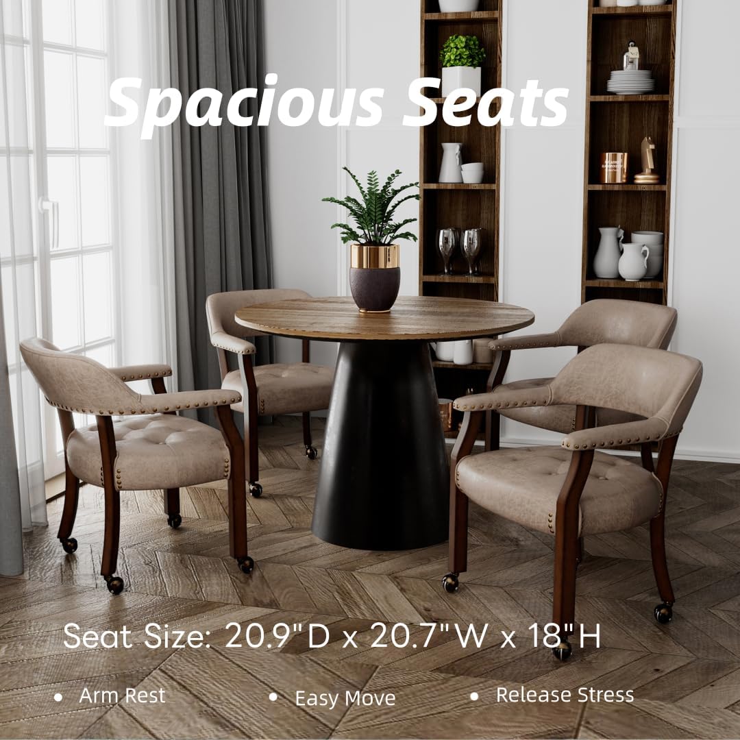 LEEMTORIG Large Dining Chairs with Casters and Arms, Rolling Dining Chairs with Wheels, Solid Wood Office Desk Chairs, 26“Dx25.2 Wx31.5“H, Cherry Legs & Yellowish Brown Fabric SY-1533-LT