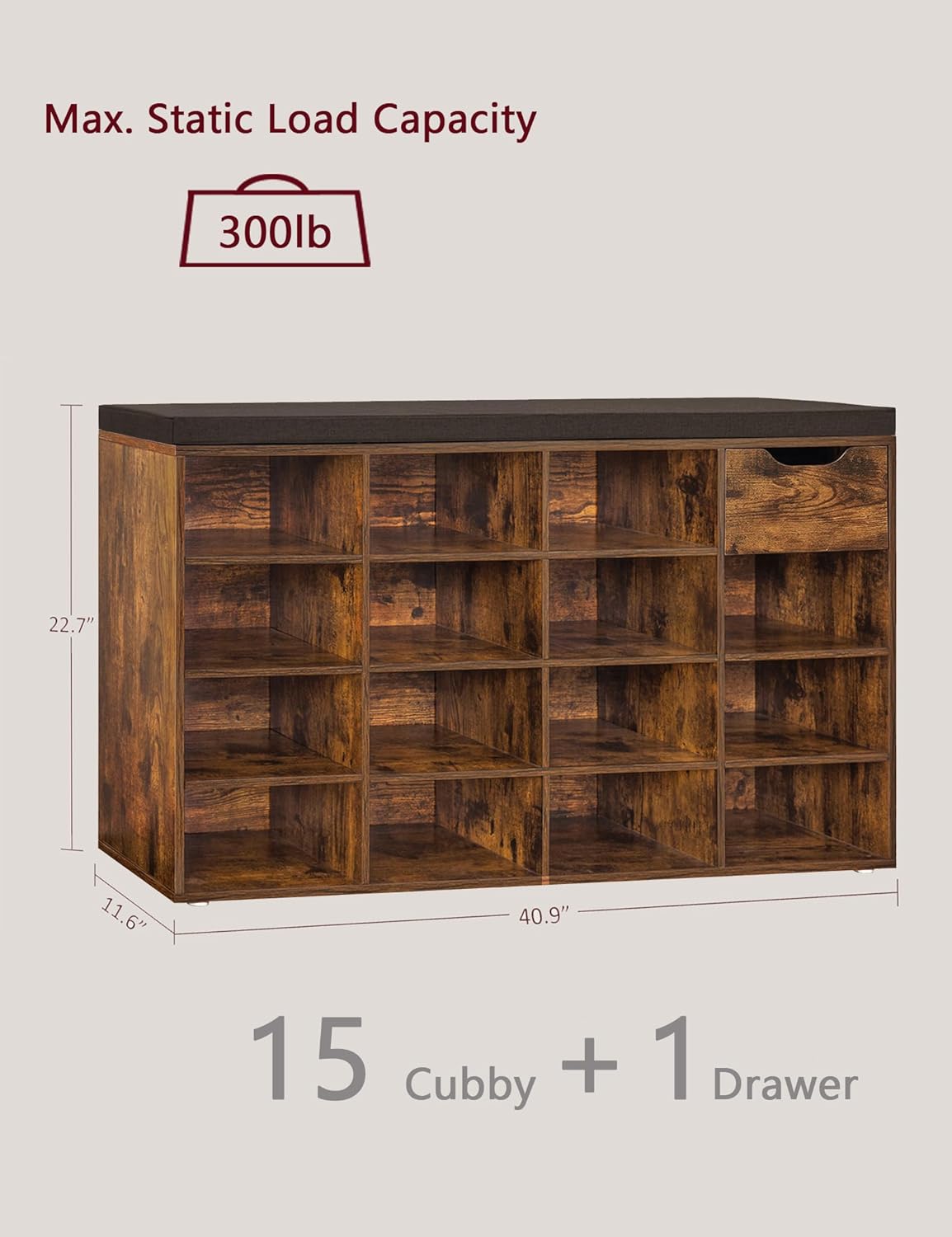 DINZI LVJ Shoe Bench, Entryway Storage Bench with Drawer and 15 Cubbies, Cubby Shoe Rack with Adjustable Shelves, Shoe Organizer Cabinet for Living Room, Bedroom, Mudroom and Garage, Rustic Brown