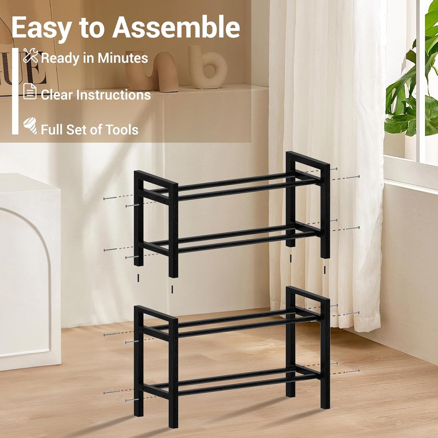 Haddockway Bamboo Shoe Rack for Closet, Free Standing Shoe Organizer with Smooth Round Rods & Convenient Handles, Stackable Shoe Storage Shelf for Entryway, Hallway(Black, 4-Tier(Small))