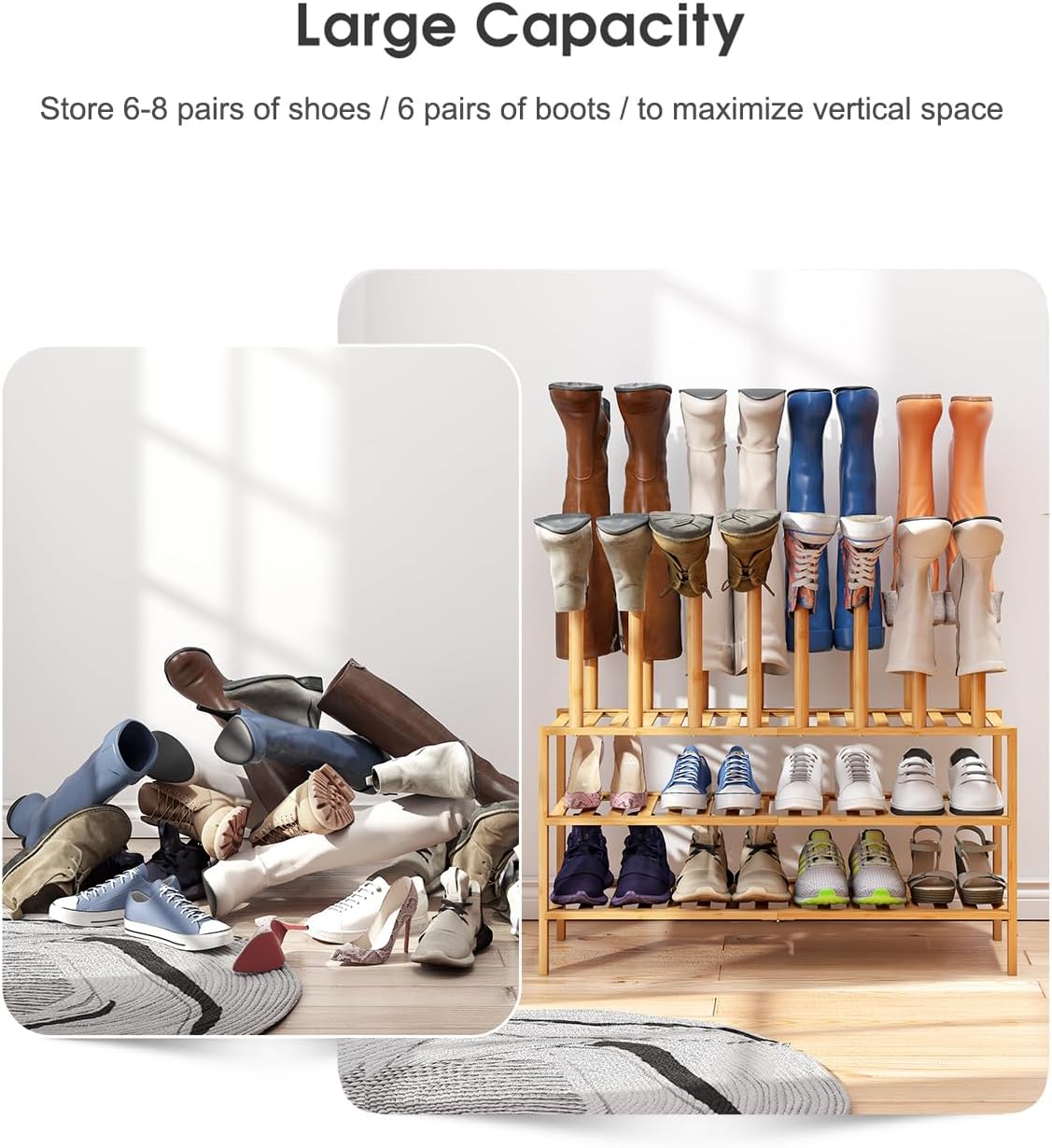 Boot Rack with Shoe Rack, Long Boot Rack Organizer Tall Boots for Closet, Bamboo Wood Shoe Shelf Storage Organizer for Entryway Small Space