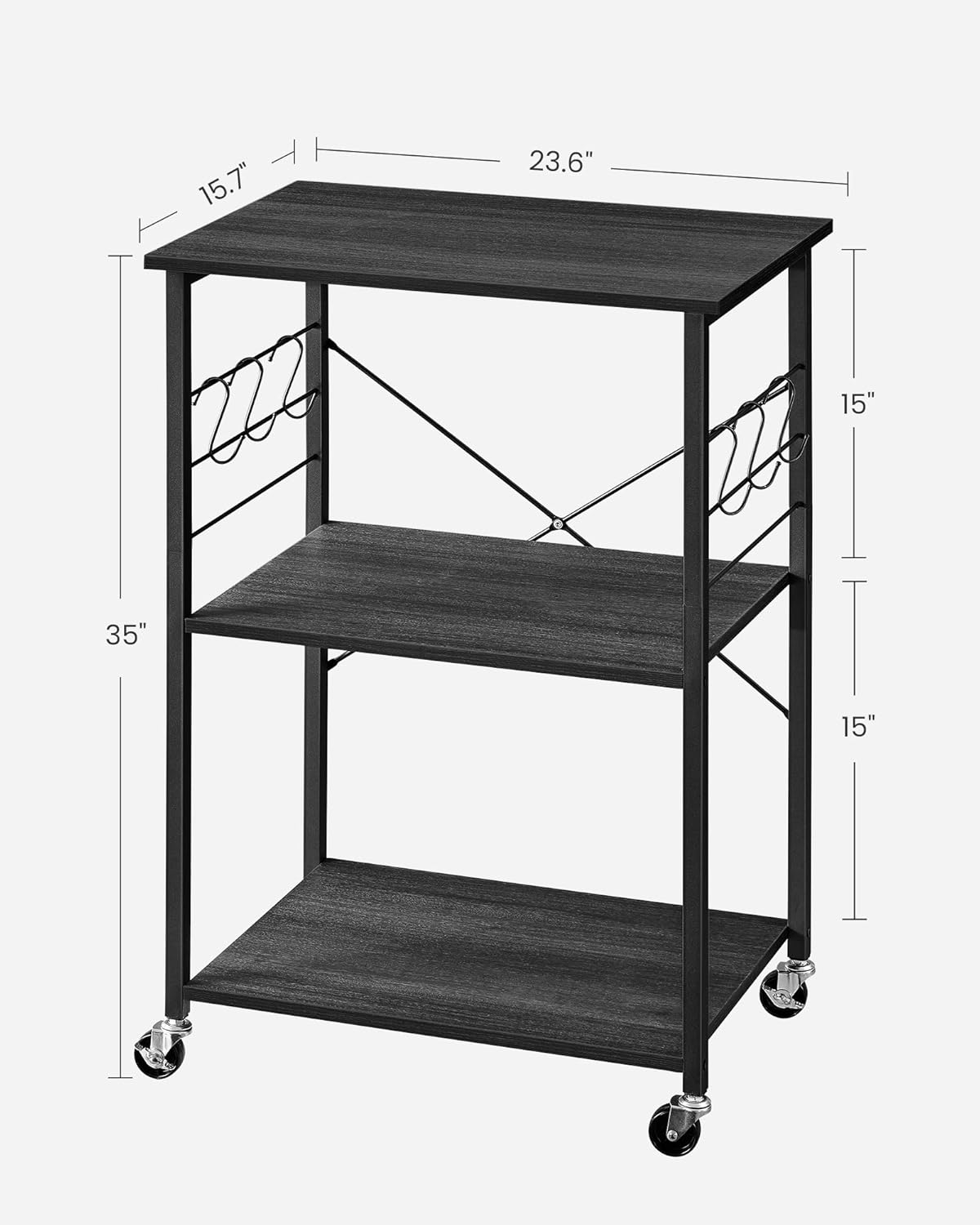 VASAGLE Kitchen Shelf on Wheels, Serving Cart with 3 Shelves, Kitchen Cart, Microwave Shelf, for Mini Oven, Toaster, with 6 Hooks, Industrial Stylee, Ebonized Oak Finish and Black UKKS060B42