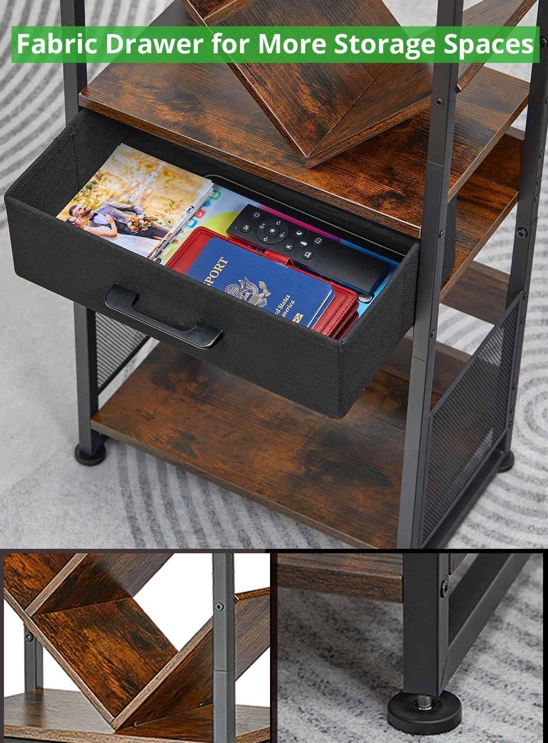 Bookshelf with Drawer,8 Tier Tree Bookcase Retro Floor Standing Bookshelves,Tall Wood Bookcases with Cabinet Storage Organizer for Living Room, Bedroom & Home Office, Classic