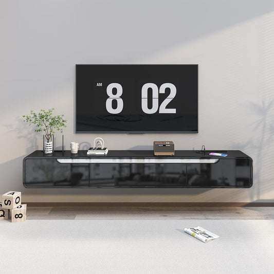 CENOVE High Gloss Floating TV Stand with 3 Doors,70.8'' Wall Mounted TV Cabinet,Under TV Console,Floating Media Shelft for Bedroom Living Room(Black