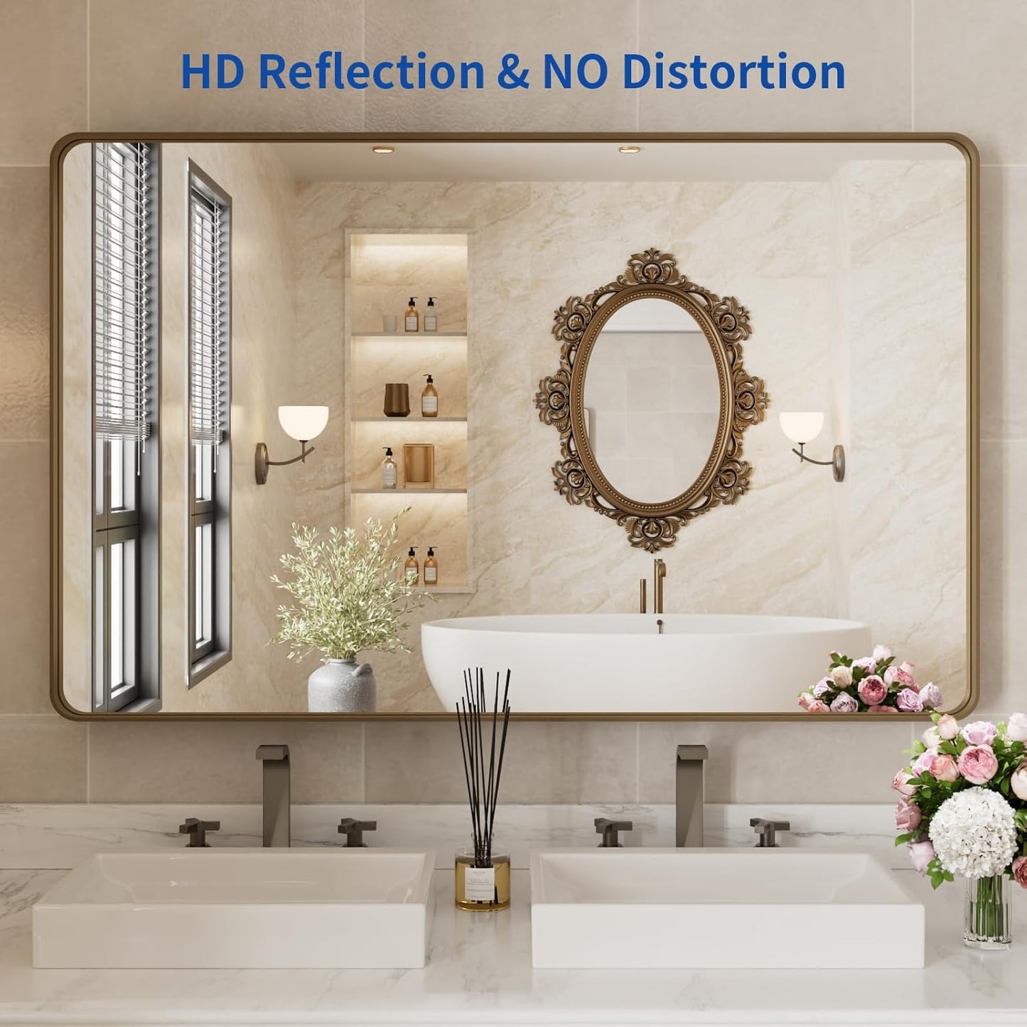 WEER 48x30 Inch Bronze Bathroom Mirror for Vanity, Brushed Bronze Metal Frame Mirror for Wall, Rounded Rectangle Bronze Frame Mirror with Tempered Glass, Anti-Rust (Horizontal/Vertical)