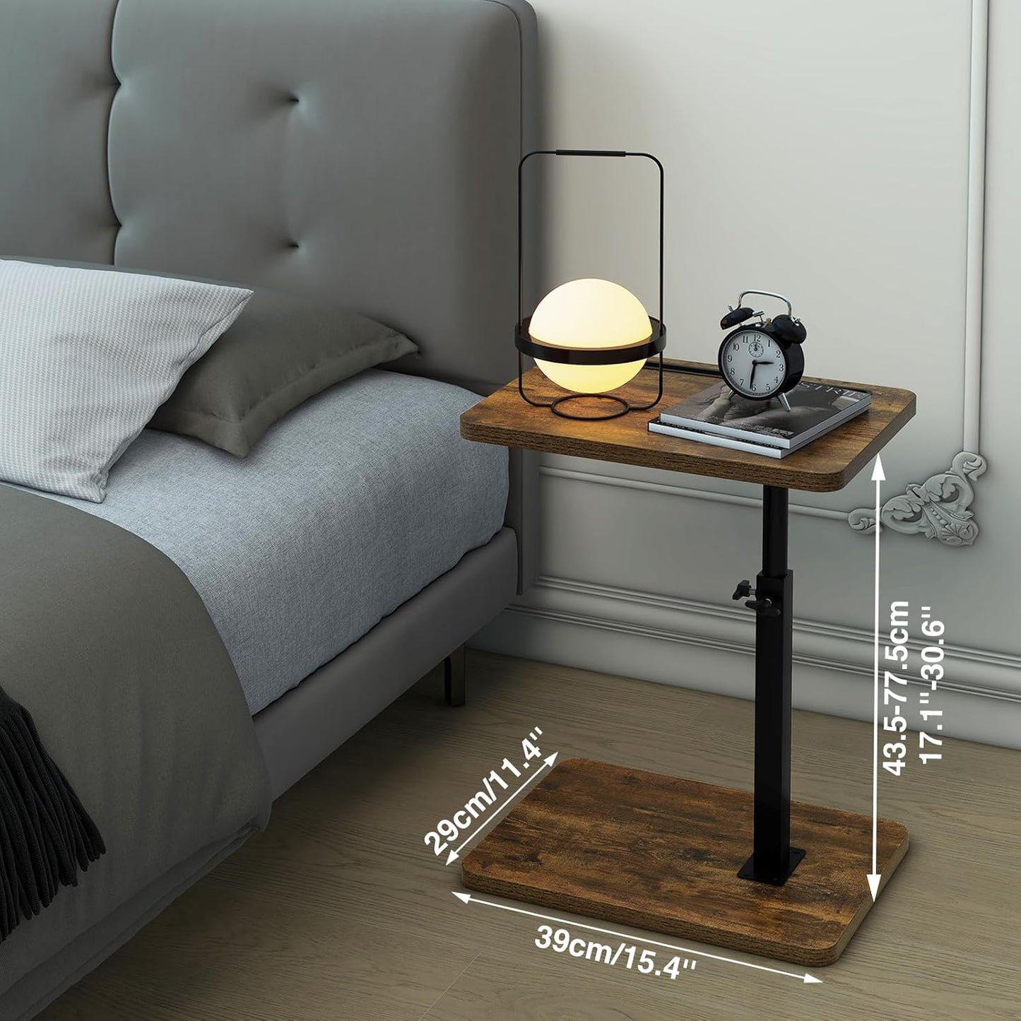 IBUYKE C Shaped Side Table, 360° Swivel Height Adjustable End Table for Small Spaces, with Phone & Tablet Slot, Modern Small Coffee Snack Table for Sofa/Bed, Retro Brown UTVT003H