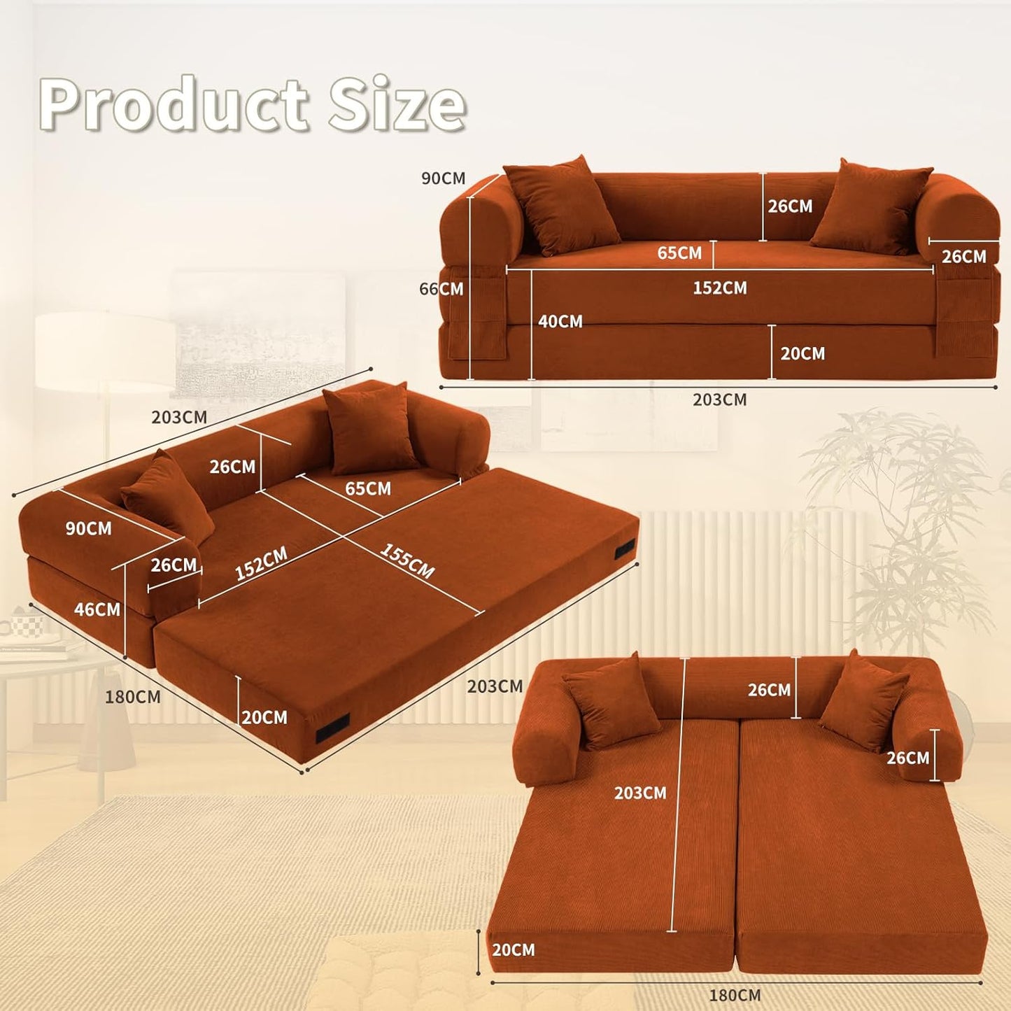 80" Convertible Sofa Bed, Corduroy Deep Seat Folding Pull Out Couch with Pillows, No Assembly Modern Boneless Couch Compression Sofa in Box, Floor Sofa with Storage Pocket for Living Room, Orange