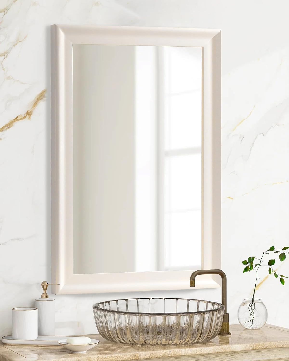 CULER White Wood Wall Mirror for Bathroom,Rectangle Rustic Beige 24 x 36 inch Hanging Vanity Ivory Mirrors with Wooden Frame for Living Room,Bedroom,Entryway