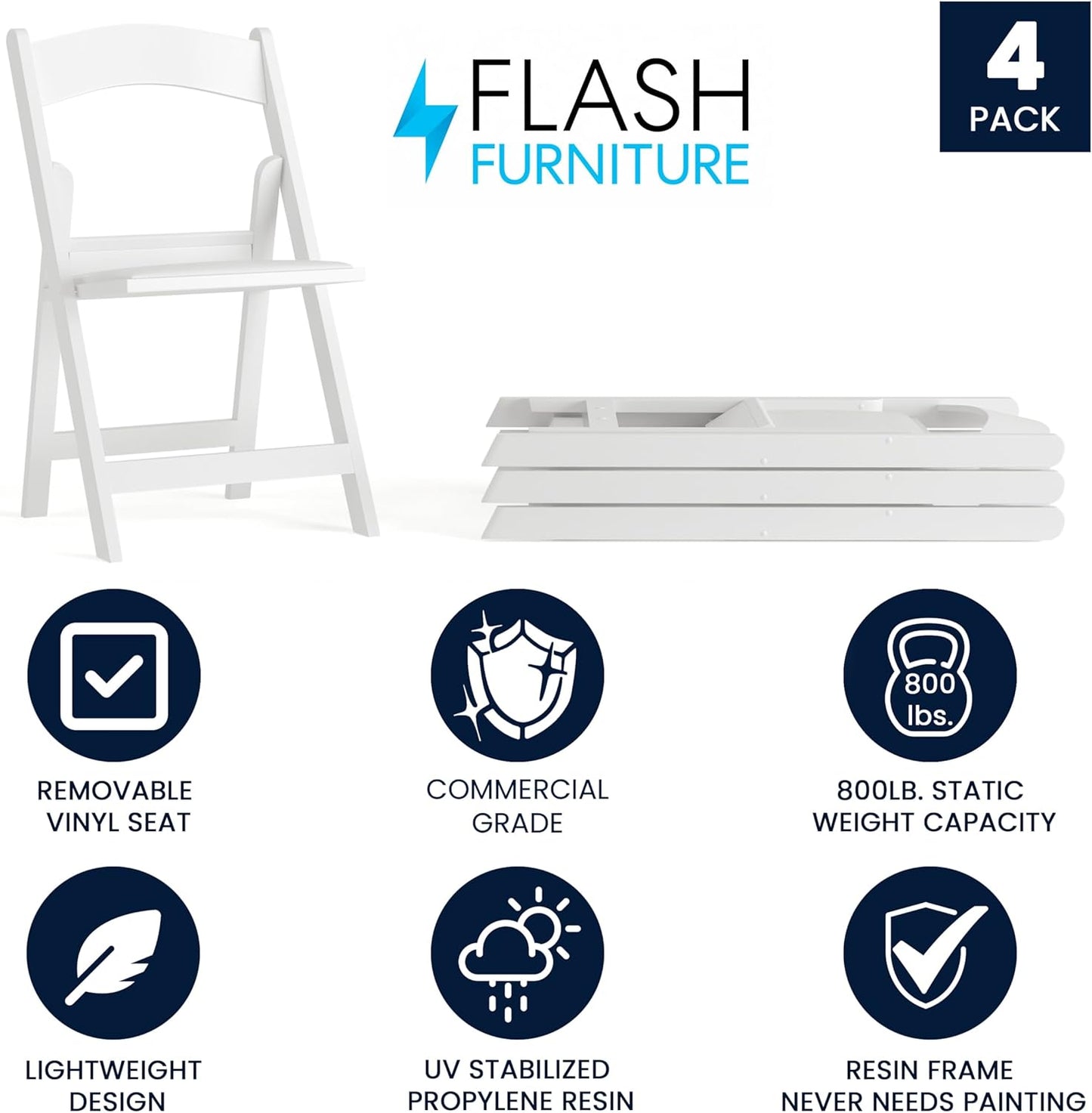 Flash Furniture Hercules Series Folding Chair - White Resin - Set of 4 800LB Weight Capacity Comfortable Event Chair - Light Weight Folding Chair