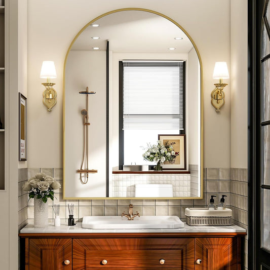 Arch Bathroom Mirror, 36x48 Inch - Wall Mounted Vanity Mirror with Aluminum Alloy Frame - Ideal for Living Room, Bedroom, Bathroom, and Entryway, Hanging or Leaning, Gold