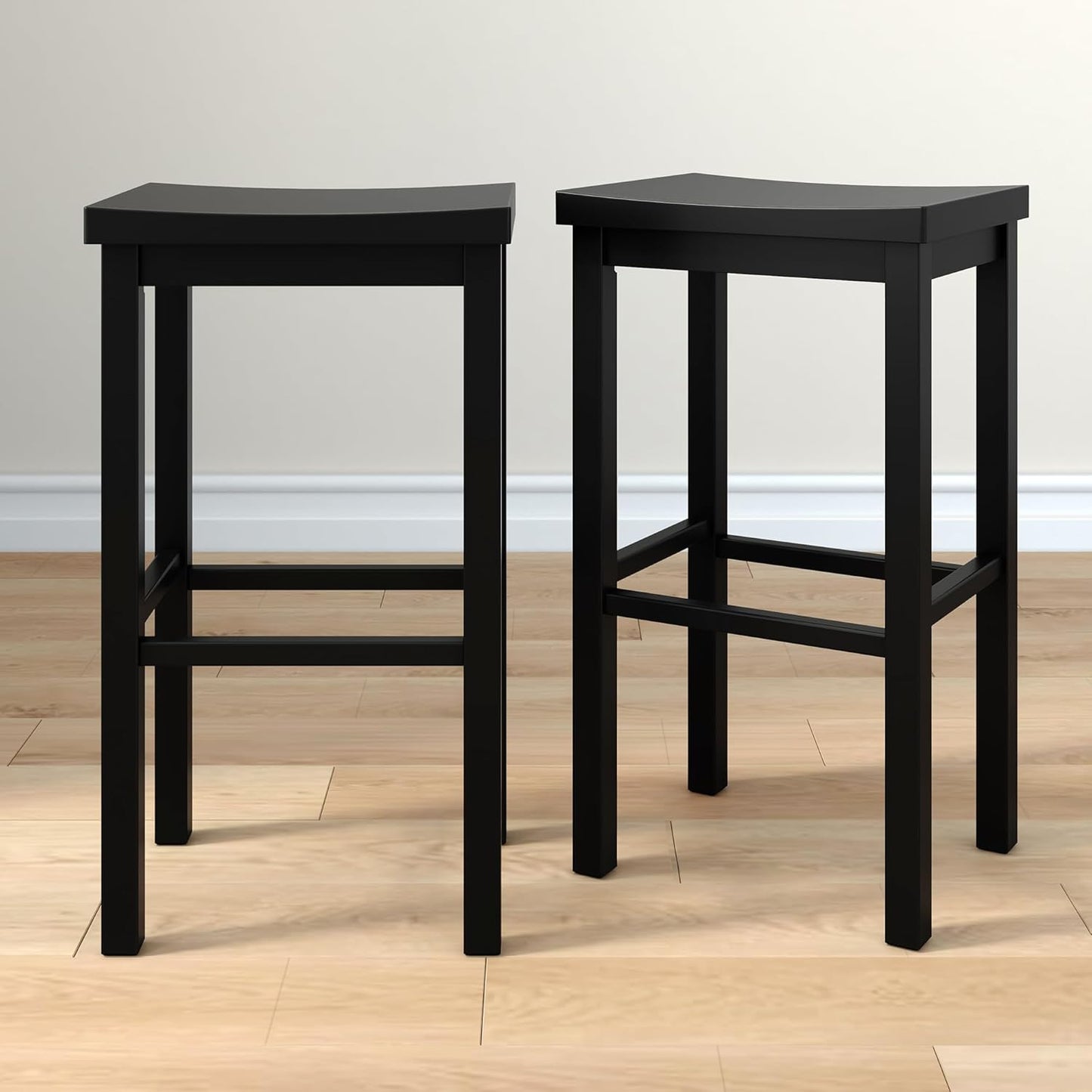 Grain & Grove Smith Collection Set of 2 Solid Wood Bar Stools, 30 inch Saddle-Seat Bar Chairs, Backless, Heavy-Duty Construction, Footrest Support, for Kitchen Islands, Home Bars, and Counters, Black