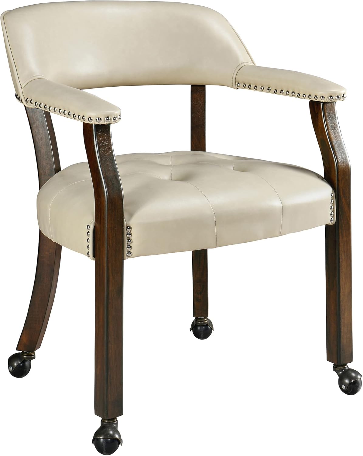 LEEMTORIG Large Dining Chairs with Casters and Arms, Rolling Dining Chairs with Wheels, Solid Wood Office Desk Chairs, 26“Dx25.2 Wx31.5“H, Espresso Legs & Beige PU, XXY-1910-BG