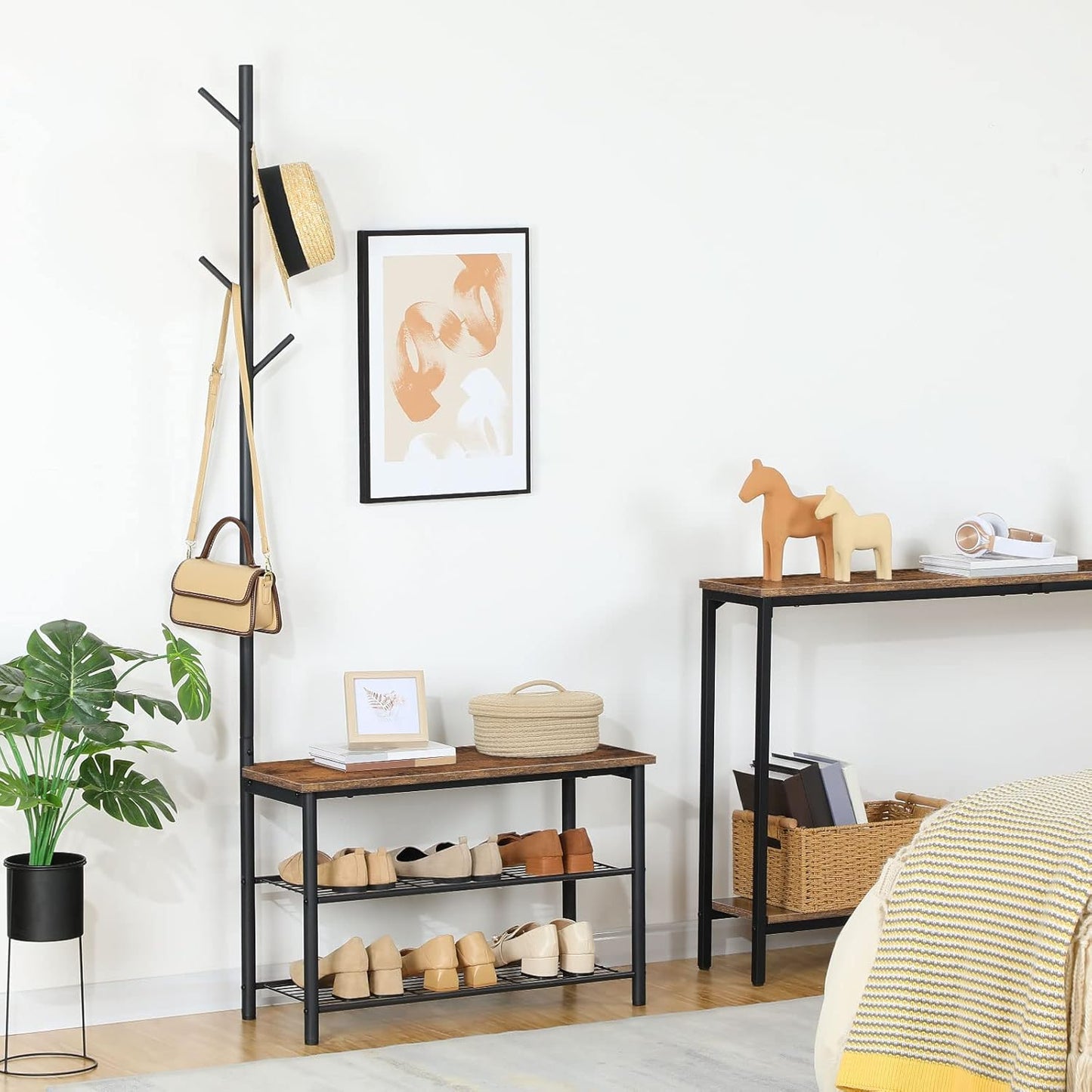 HOOBRO Coat Rack Shoe Bench, 3-Tier Shoe Rack, Industrial Shoe Organizer Storage Bench, Entry Bench with Mesh Shelves, for Entryway, Living Room, Hallway, Easy Assembly, Rustic Brown BF12HX01