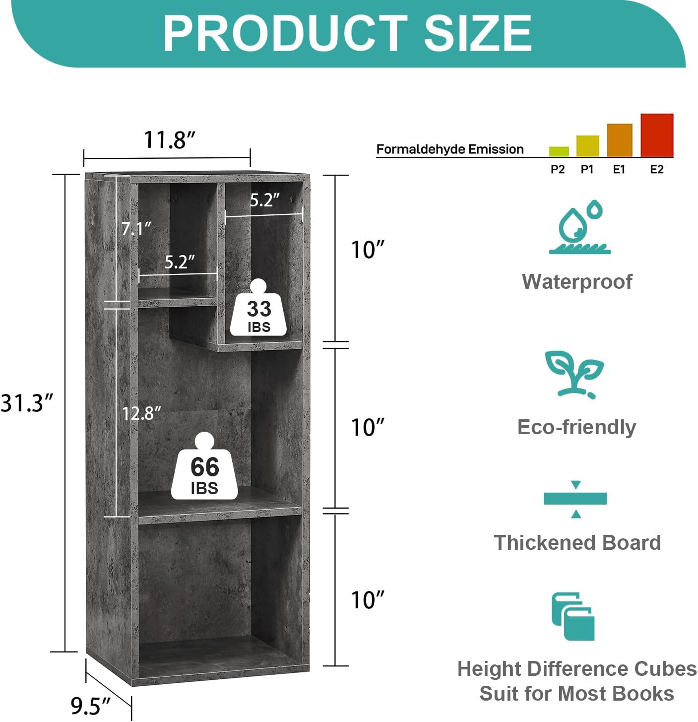 VECELO Small Bookshelf, 4 Cube Slim Bookcase, Fits Tallest Hardcovers, Horizontal Available, Modern Floor Standing Unit, Each Shelf Hold Up to 66 LBS, Modern Gray