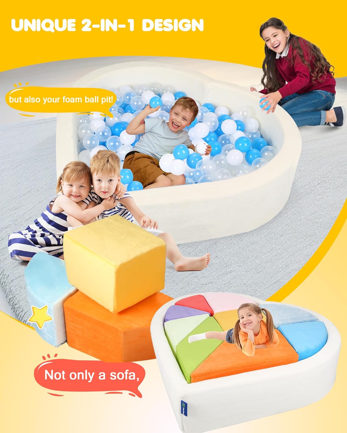 Kids Play Couch, 2-in-1 Heart-Shape Kids Plays Sofa with Unique Ball Pit(no Balls Included), Tangram Puzzle Play Couch for Playroom, Modular Play Sofa for Inspiring Creativity, Rainbow