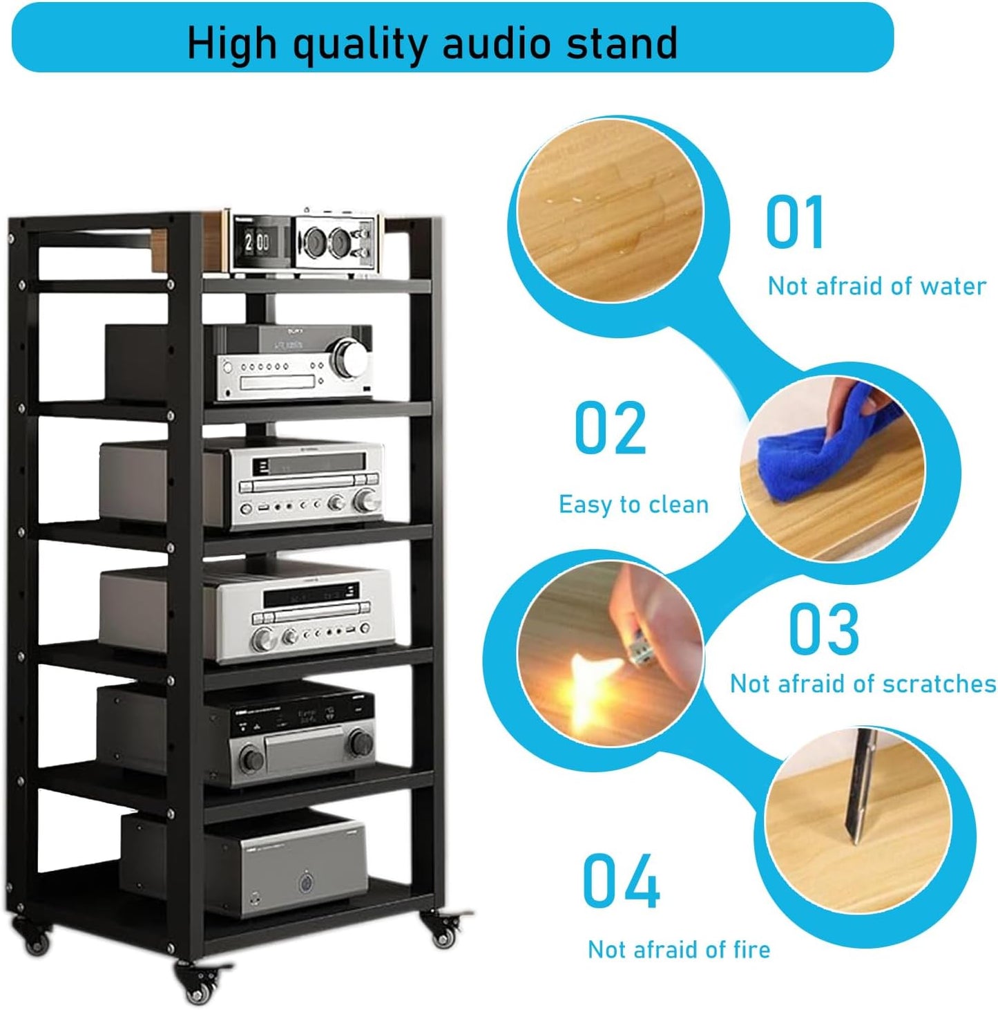 6 Tier Audio Rack Tower, CD Record Player Stereo Receiver AV Equipment Cabinet Display Rack, Weight Capacity 661 lbs, with Adjustable Wooden Shelves for Home (BIACK, 6 Tier 47×19.7×15.7IN)