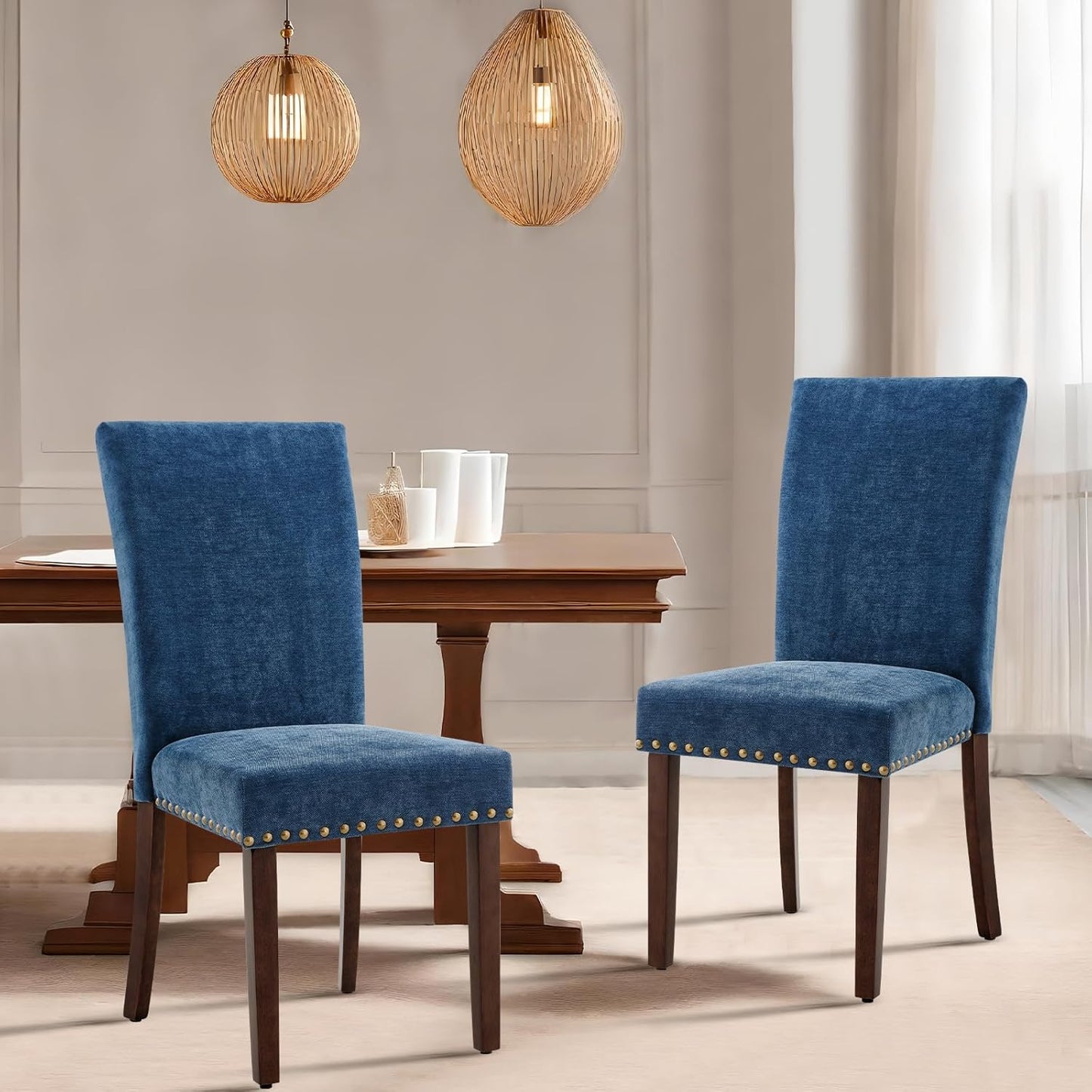 COLAMY Upholstered Parsons Dining Chairs Set of 4, Fabric Dining Room Kitchen Side Chair with Nailhead Trim and Wood Legs - Dark Blue