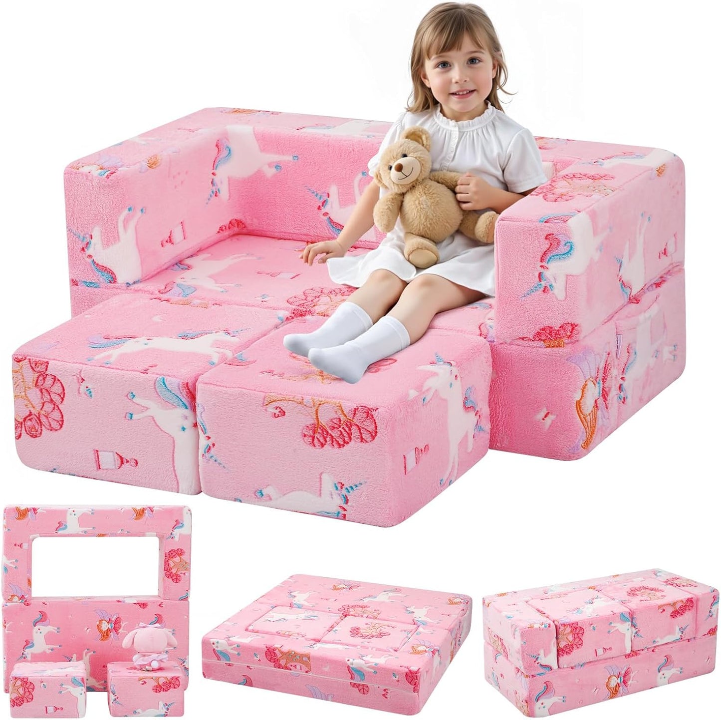 MeMoreCool Modular Kids Couch, Glow Play Toddler Couch for Bedroom Playroom, Convertible Foam Kids Sofa Bed, Fold Out Baby Sofa for Girl Boy, Pink Fairy