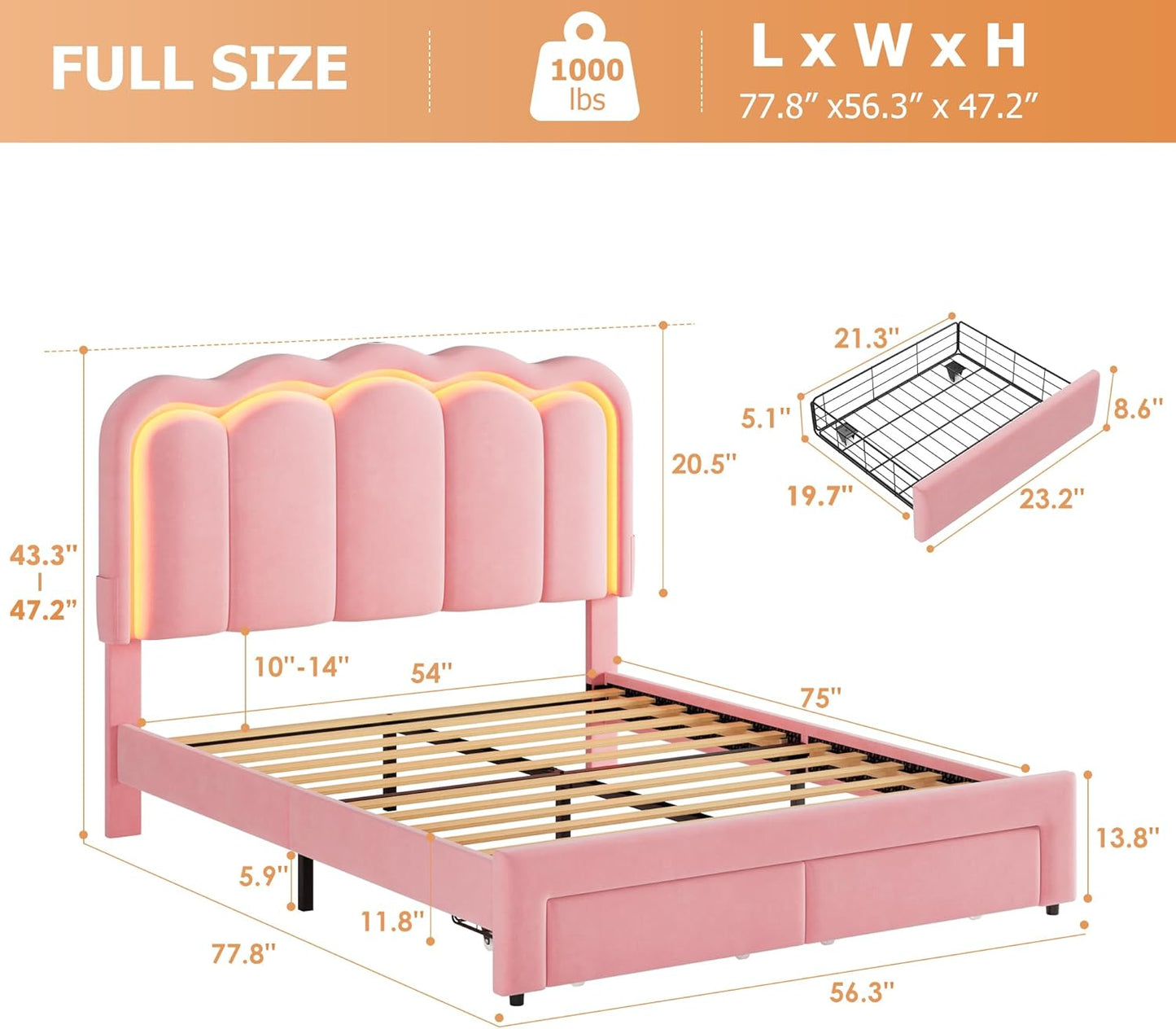 Full Upholstered LED Bed Frame with 2 Storage Drawers and Adjustable Chic Double Wavy Headboard, Velvet Princess Platform Bed with Charing Station, Solid Wood Slats Support,No Box Spring Needed, Pink