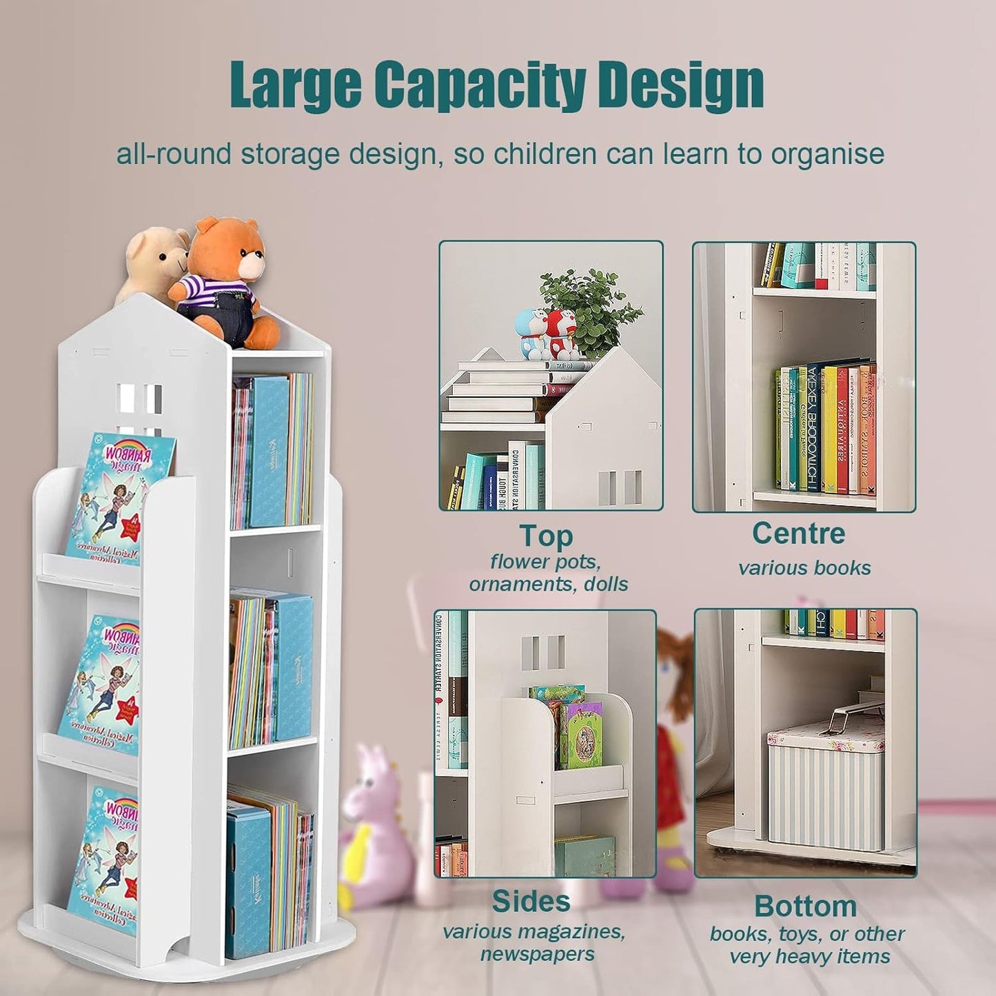Rotating Bookshelf, 3-Tier Rotating Children's Bookshelf, 360° Revolving Display Floor Standing Bookshelves, Book Shelf Organizer for Kids Room White,16.14" x 16.14" x 37.4"