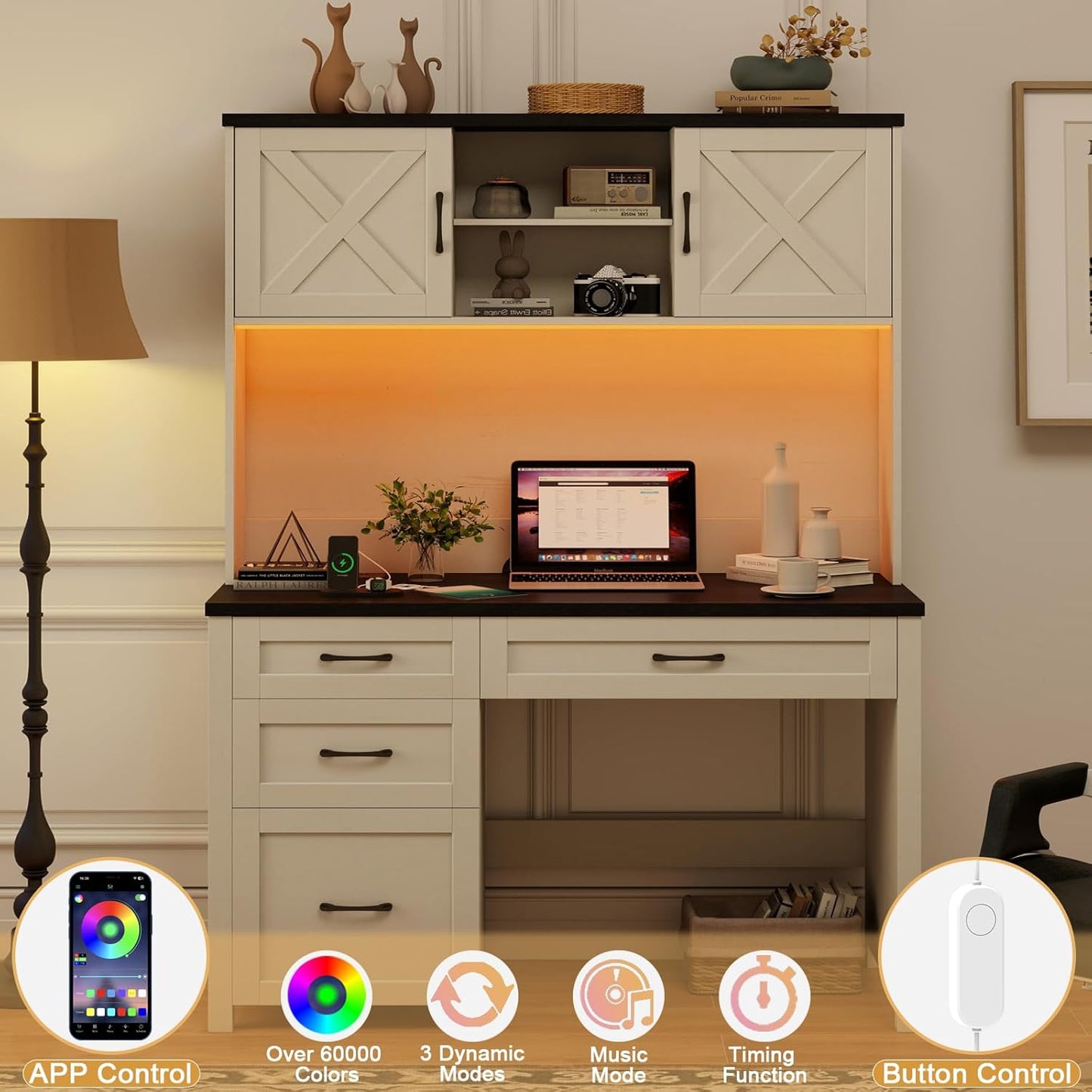 Farmhouse 67" H Executive Desk with Hutch,Office Table with 4 Drawers and LED Light, Computer Desk with Storage Cabinet & File Drawers and Charging Station, Wood Workstation for Home Office,Study