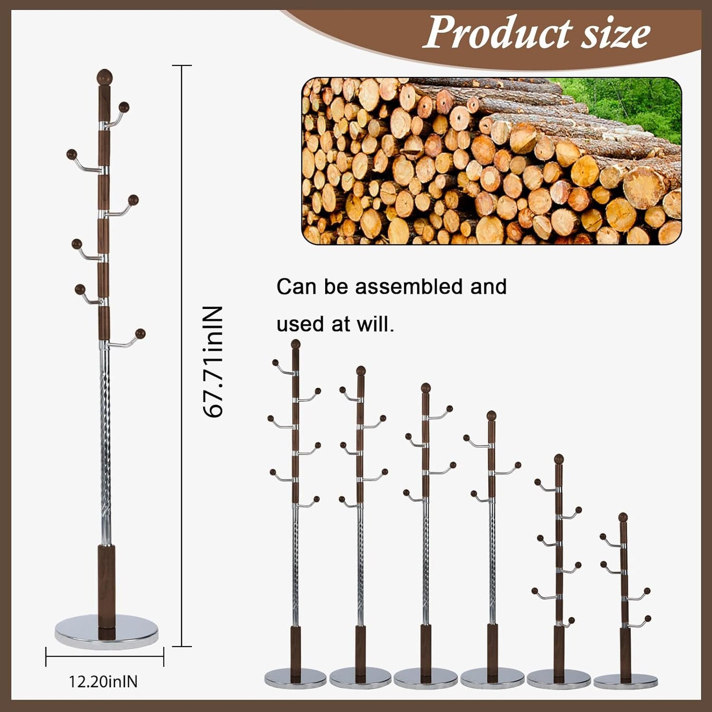 Wooden Coat Rack Freestanding, Vintage Coat Racks with Sturdy Round Base, Adjustable Height 37.40"-72.83" Entrance Coat Rack for Bedroom Living Room Entryway (Walnut Metal Hook)