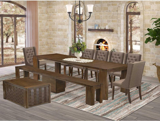 X07FO-BC8-18 - 10 Pieces Modern Dining Set contains an Extendable Rectangle Kitchen Table, 1 Coffee Table, 7 Dining Chairs and 1 Modern Bench, 39x120 Inch, Antique Walnut