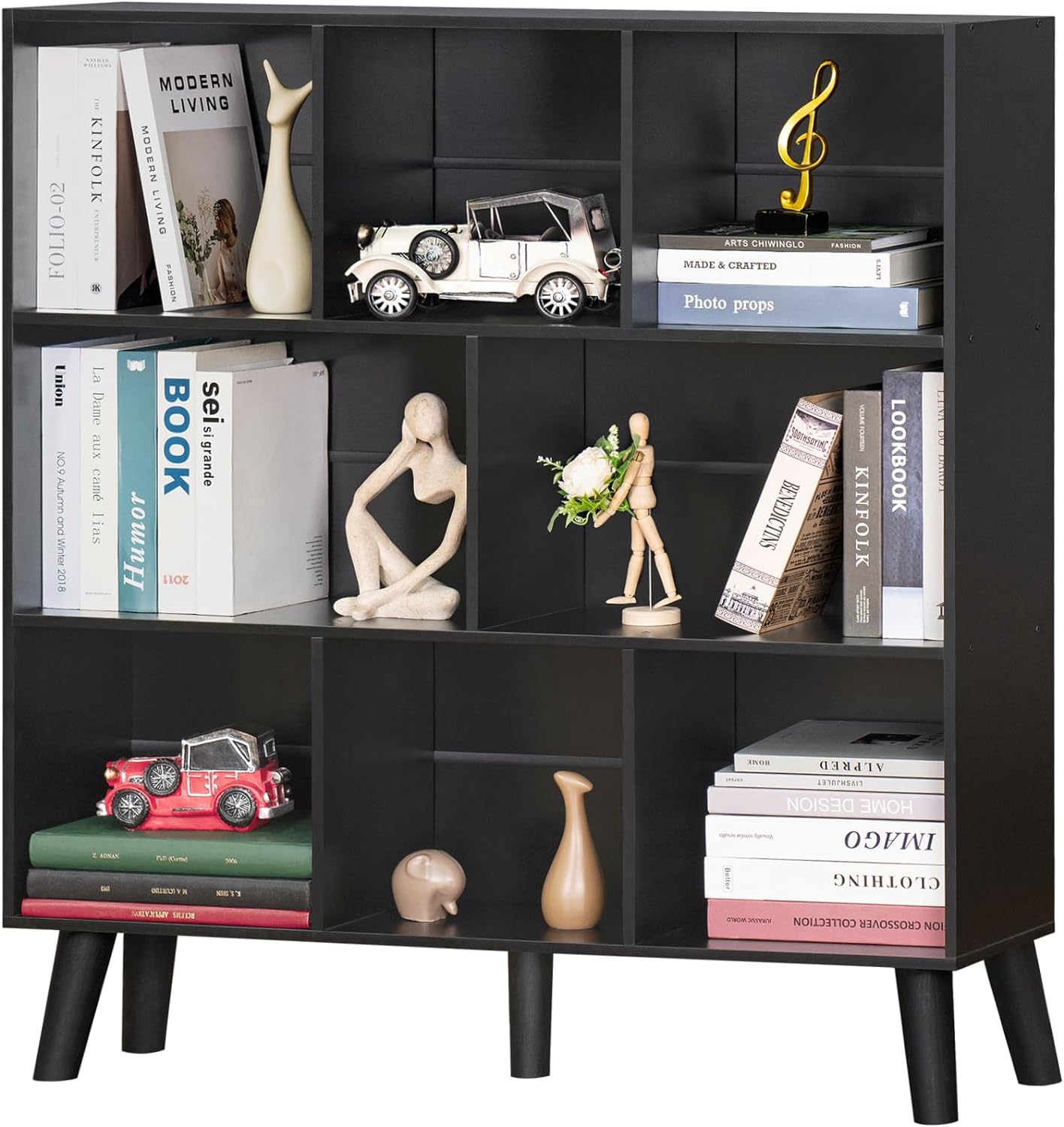 YAHARBO 8 Cube Bookshelf,3 Tier Bookcase with Legs,Black Mid-Century Modern Bookshelves,Large Free Standing Open Storage Organizer Shelf,Tall Wooden Book Case Furniture for Bedroom,Living Room,Office