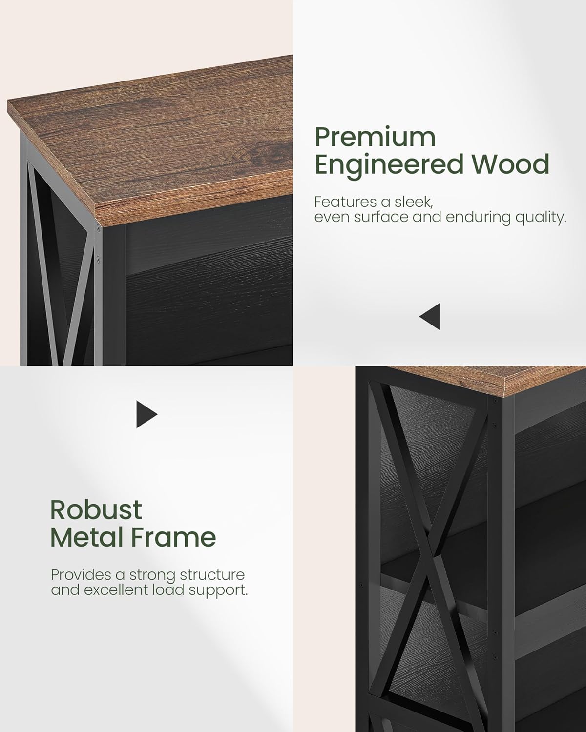 4-Tier Bookcase, 42.9" Floor Standing Organizer Shelf, Corner Book Stand, Metal Frame, for Study, Bedroom, Living Room, Black and Walnut TSJ01BL