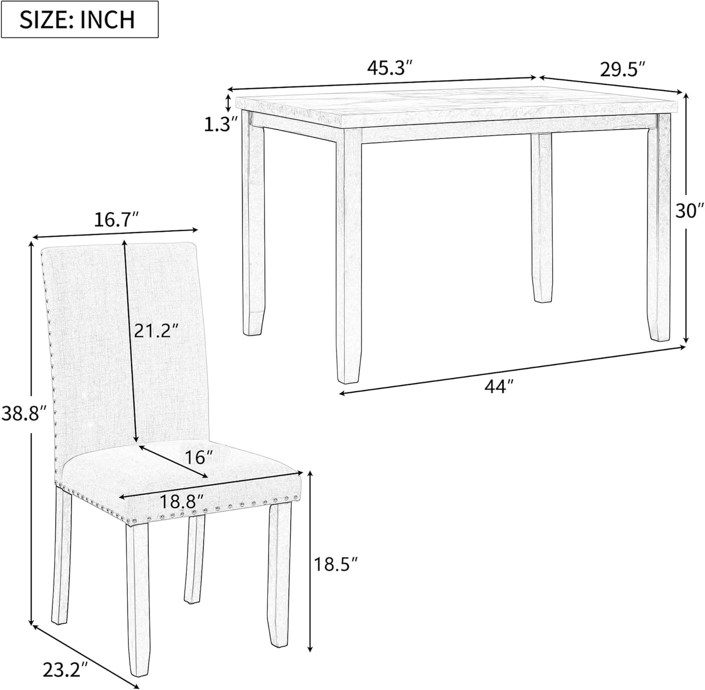 Ball & Cast 5 Piece Dining Table Set with 4 Cushion Chairs,Kitchen Table and Chairs for 4 W/ 45.3" Rectangle Desk,for Restaurant,Home Bistro,White/Light Gray+Black