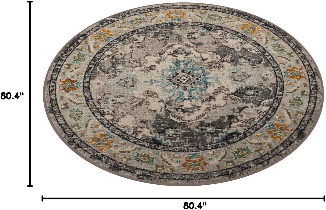 SAFAVIEH Monaco Collection Area Rug - 6'7" Round, Grey & Light Blue, Boho Chic Medallion Distressed Design, Non-Shedding & Easy Care, Ideal for High Traffic Areas in Living Room, Bedroom (MNC243G)