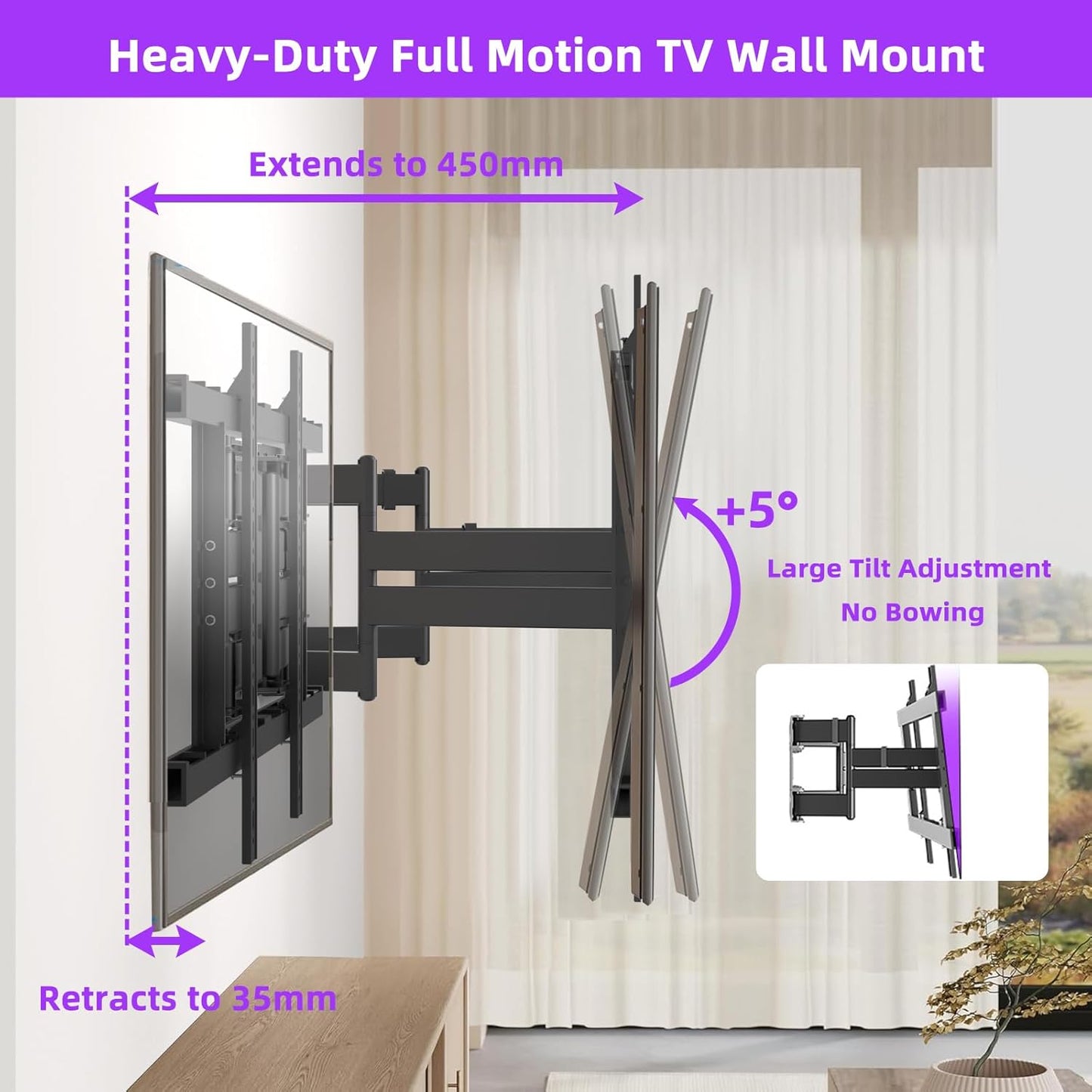Full Motion TV Wall Mount for 55-120 Inch TVs,308Lbs Heavy Duty,Ultra-Slim 8 Articulating Arms,Tilt, Swivel & Extension,Preassembled,Avoid sockets,Max VESA 850x600,Fits 16-24" Studs,XL-DY867